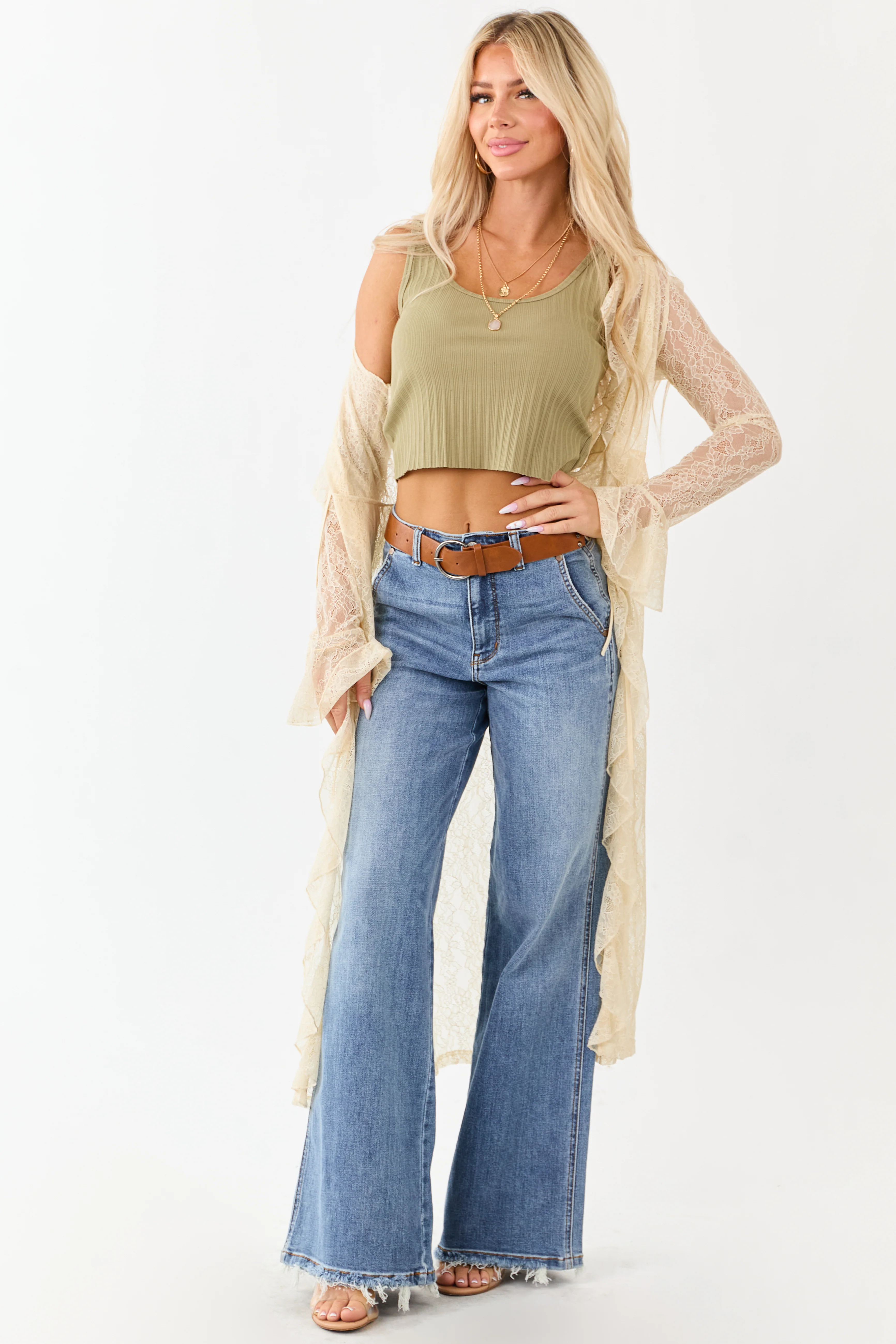 Olive Textured Ribbed Knit Cropped Tank Top - Image 2