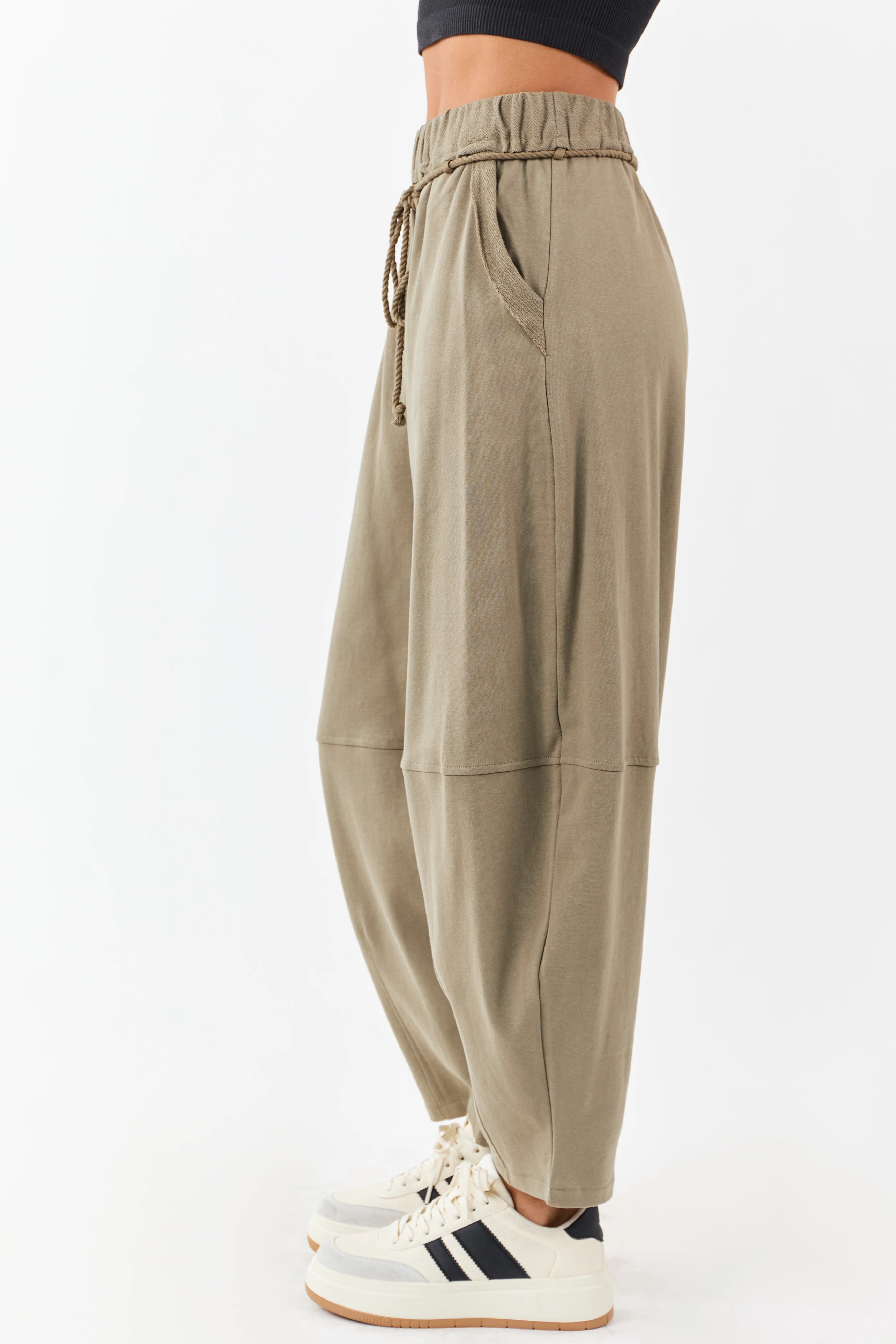 Olive Waist Tie Barrel Style Cotton Sweatpants - Image 3