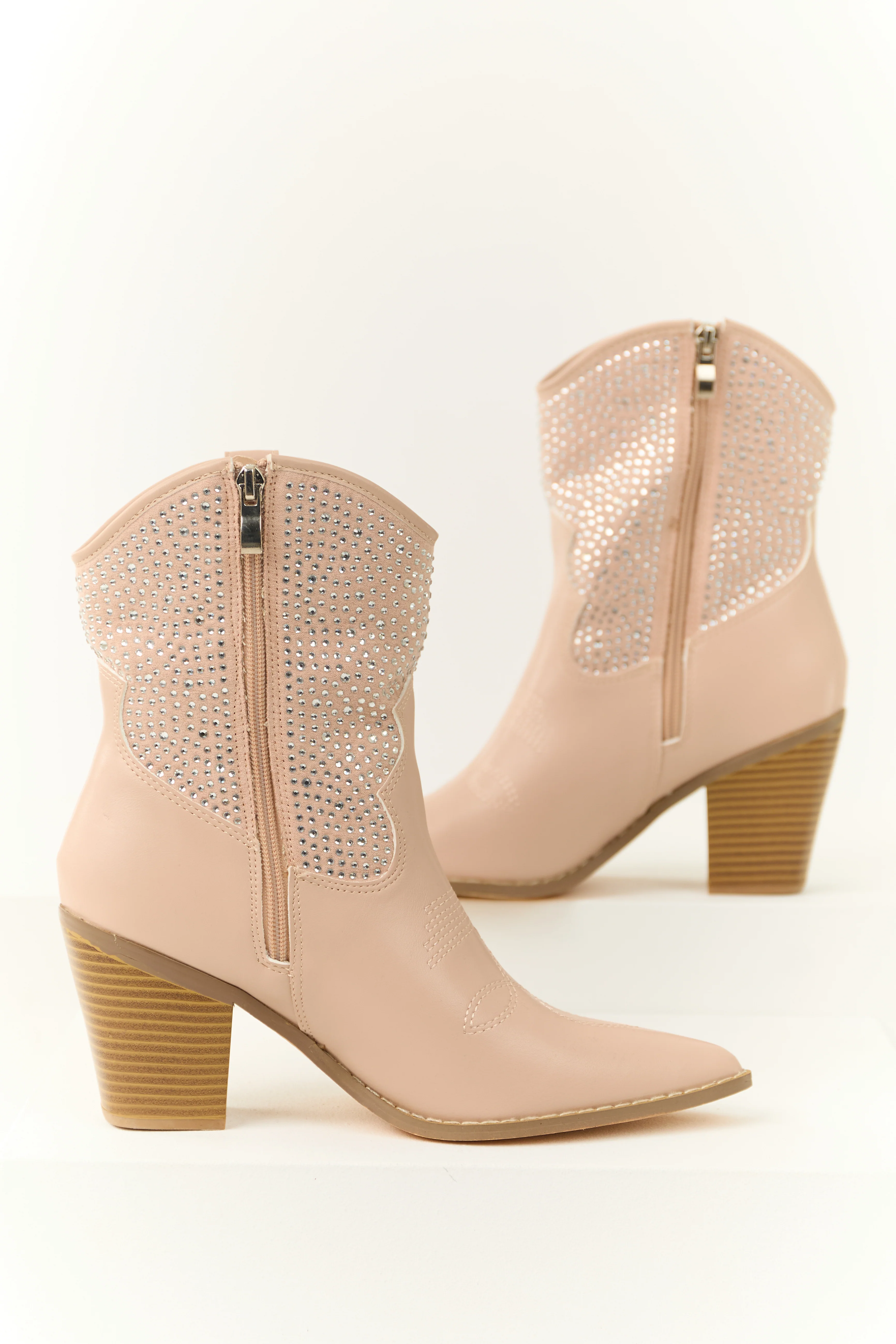 Pale Blush Rhinestone Embellished Western Booties - Image 2