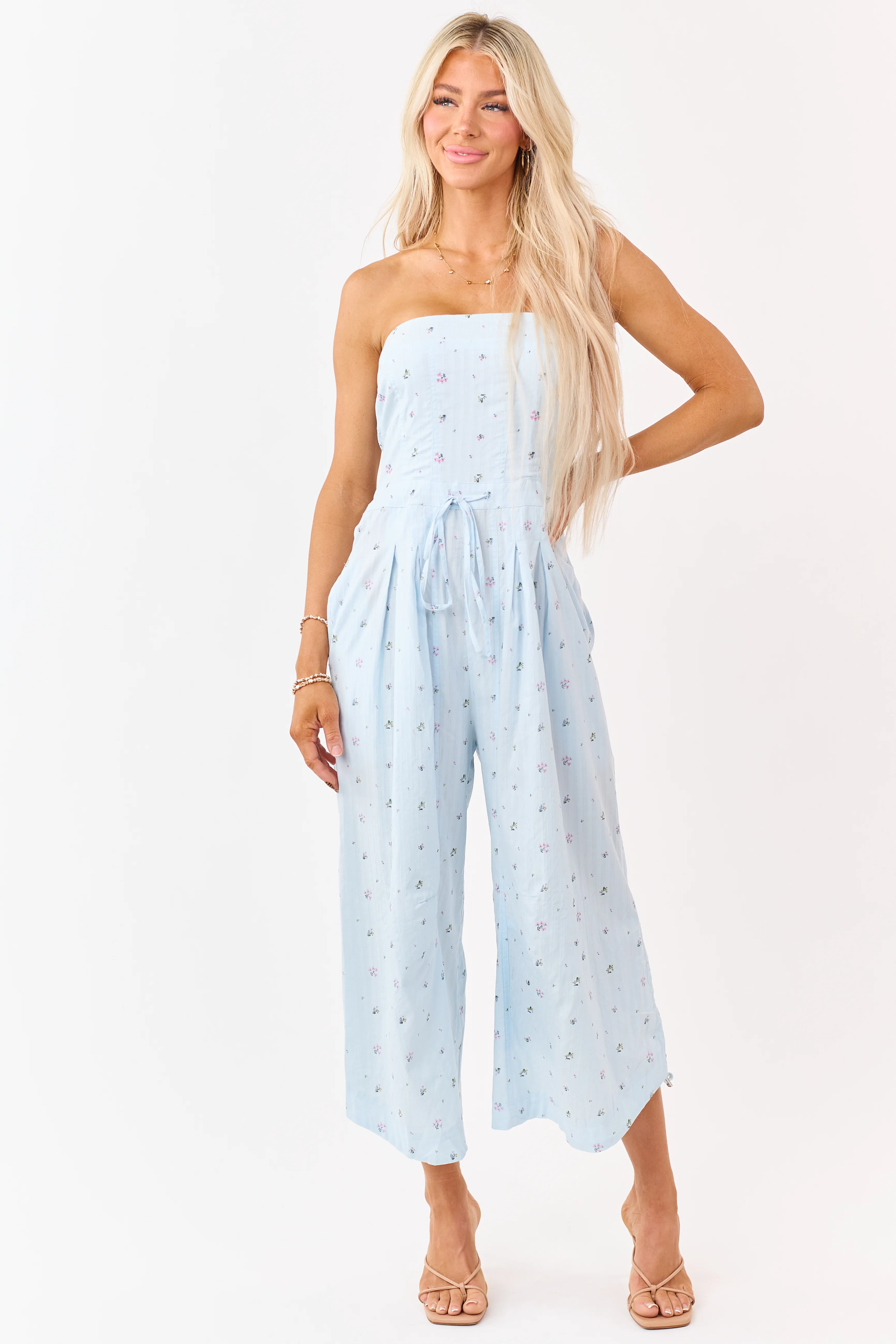 Pastel Blue Cotton Floral Print Strapless Jumpsuit