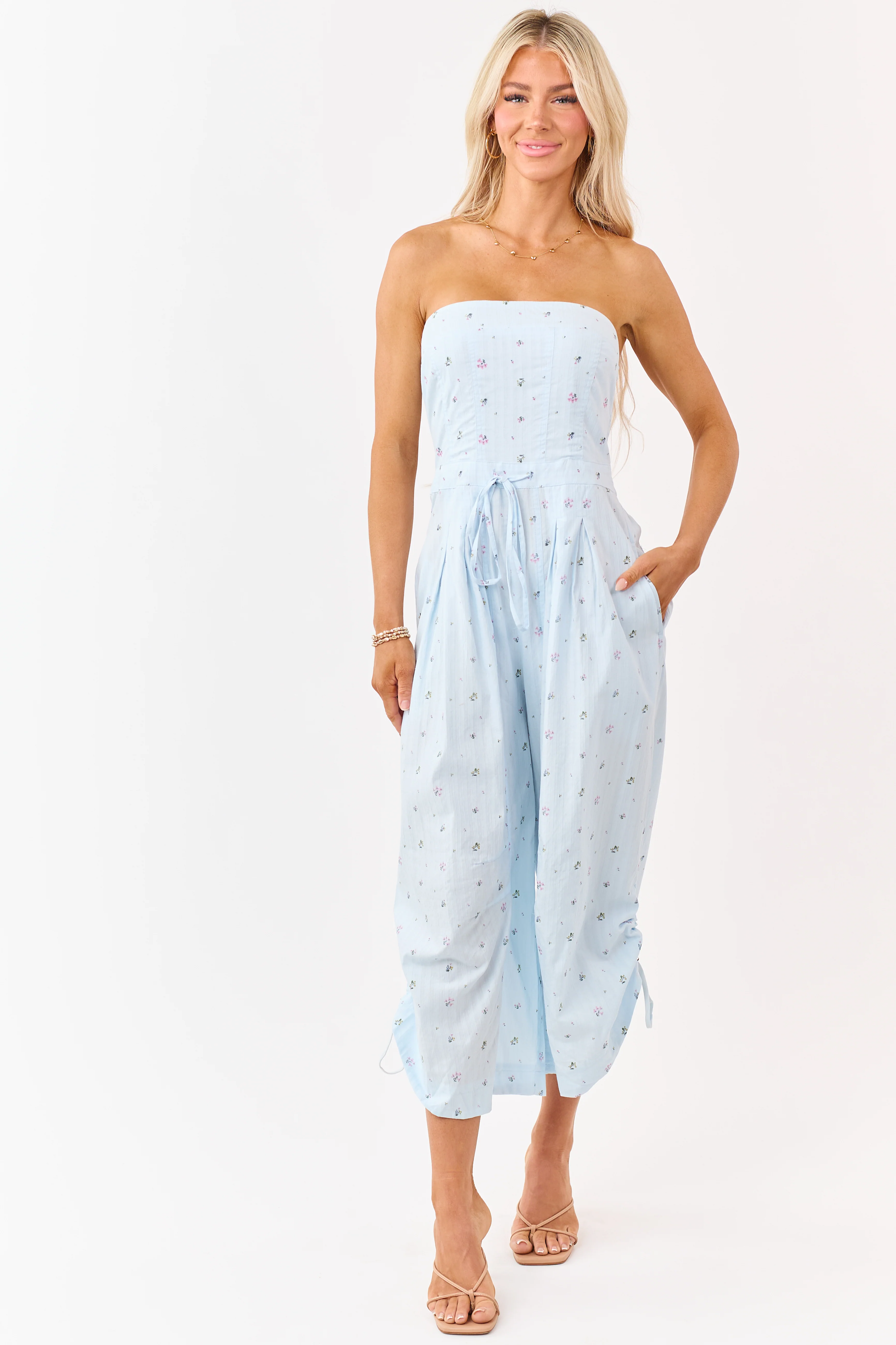 Pastel Blue Cotton Floral Print Strapless Jumpsuit - Image 2