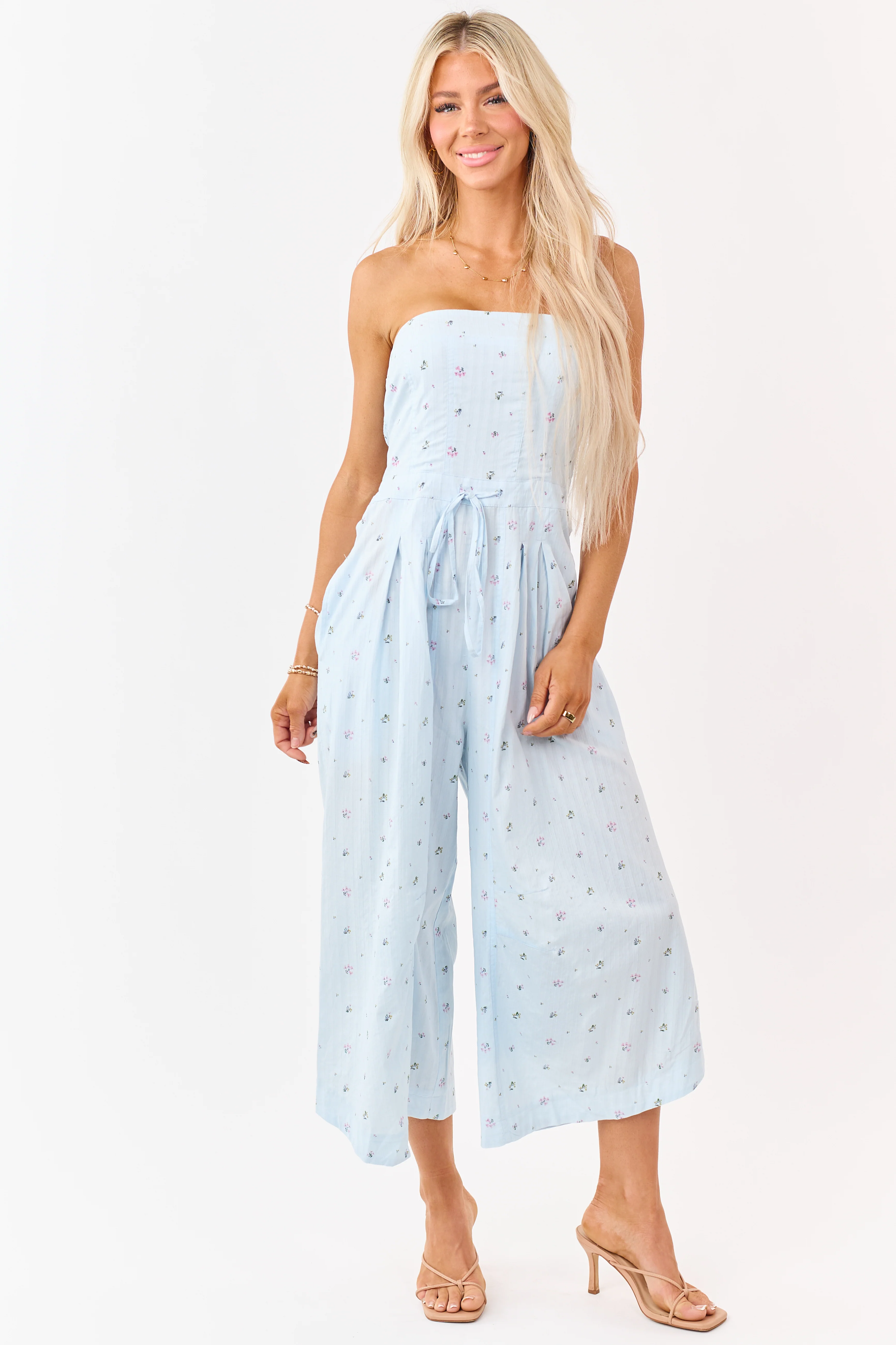 Pastel Blue Cotton Floral Print Strapless Jumpsuit - Image 3