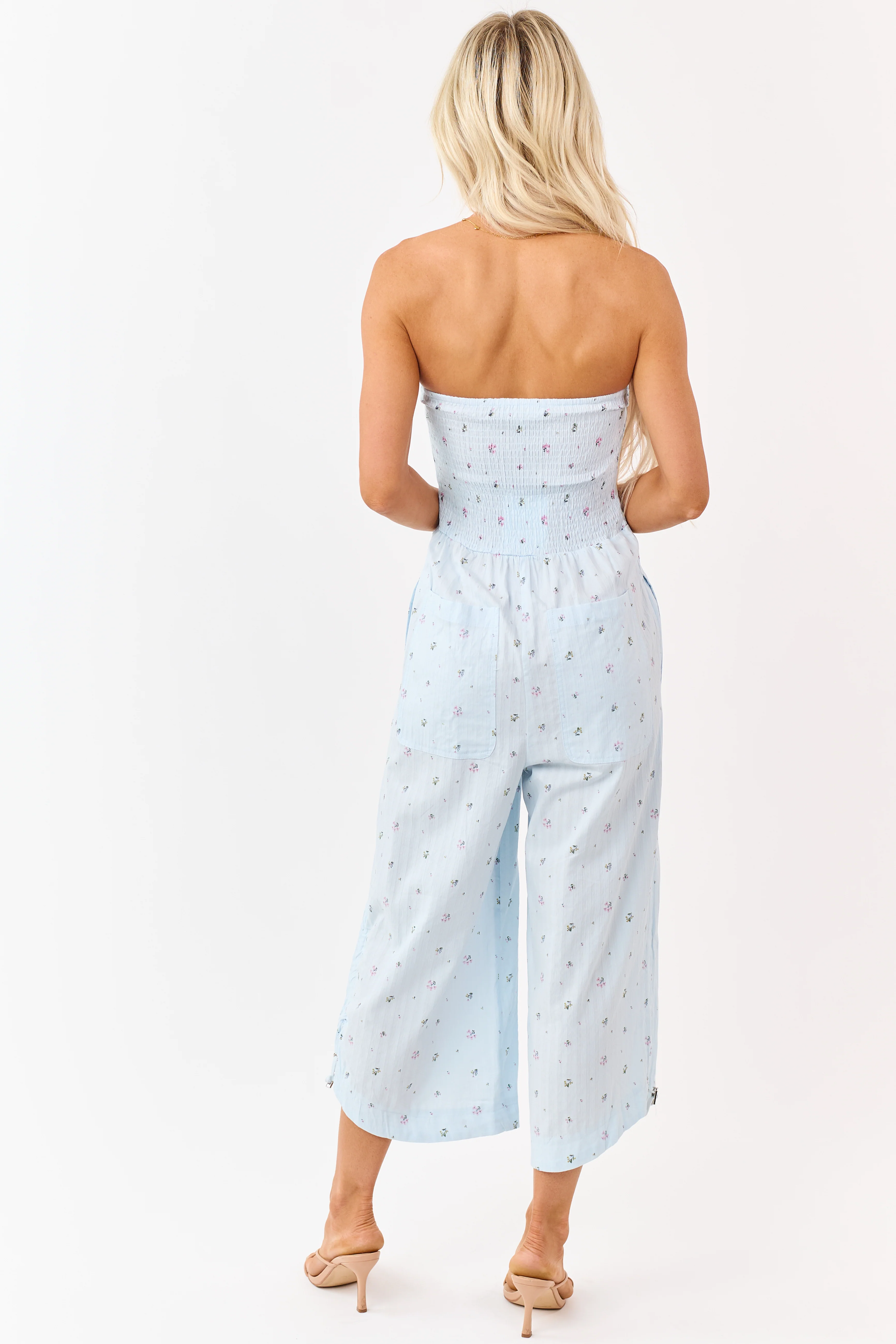 Pastel Blue Cotton Floral Print Strapless Jumpsuit - Image 5