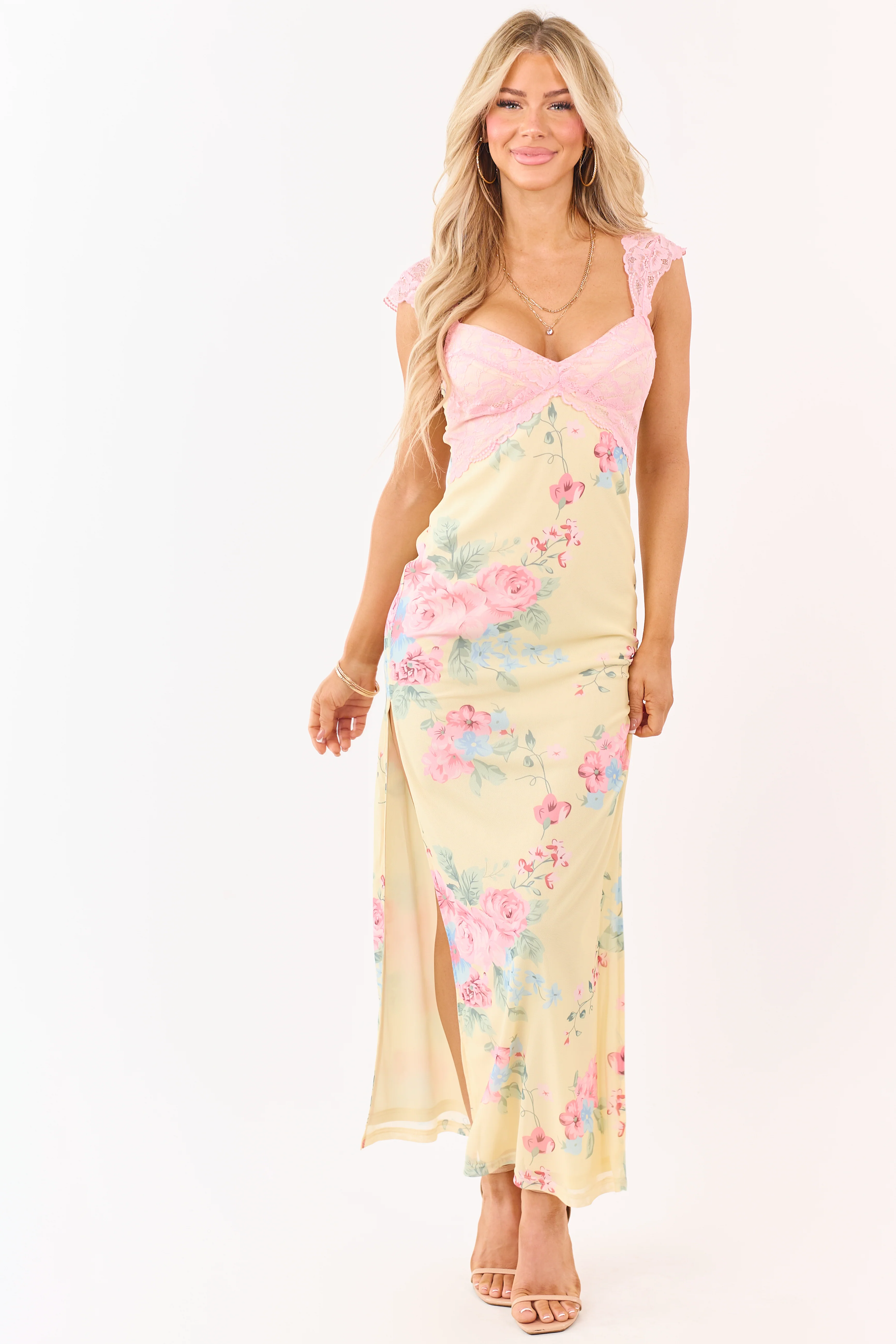 Pastel Yellow Floral Print Mesh Lace Maxi Dress - Image 6