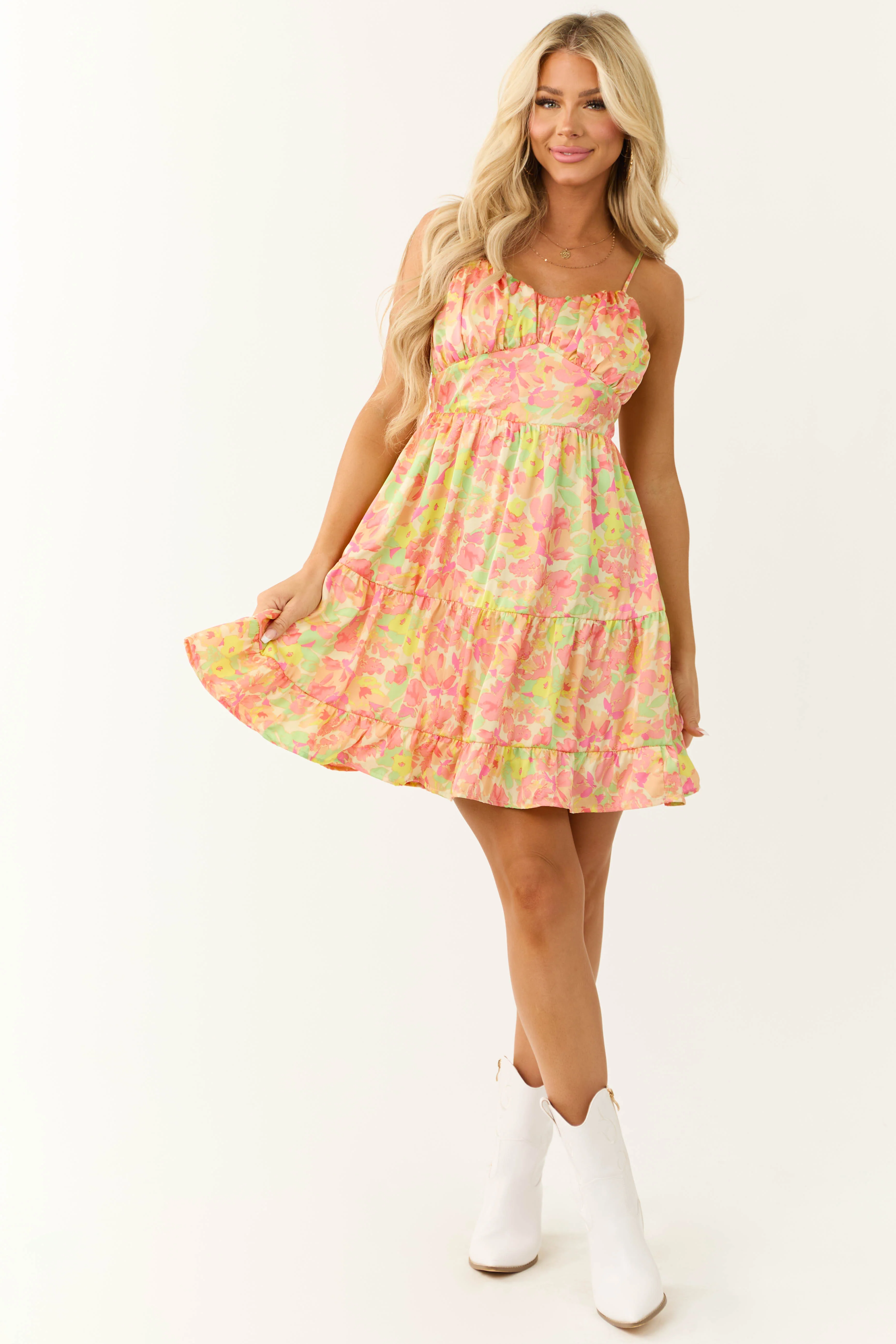 Pastel Yellow Floral Print Satin Mini Dress - Image 3
