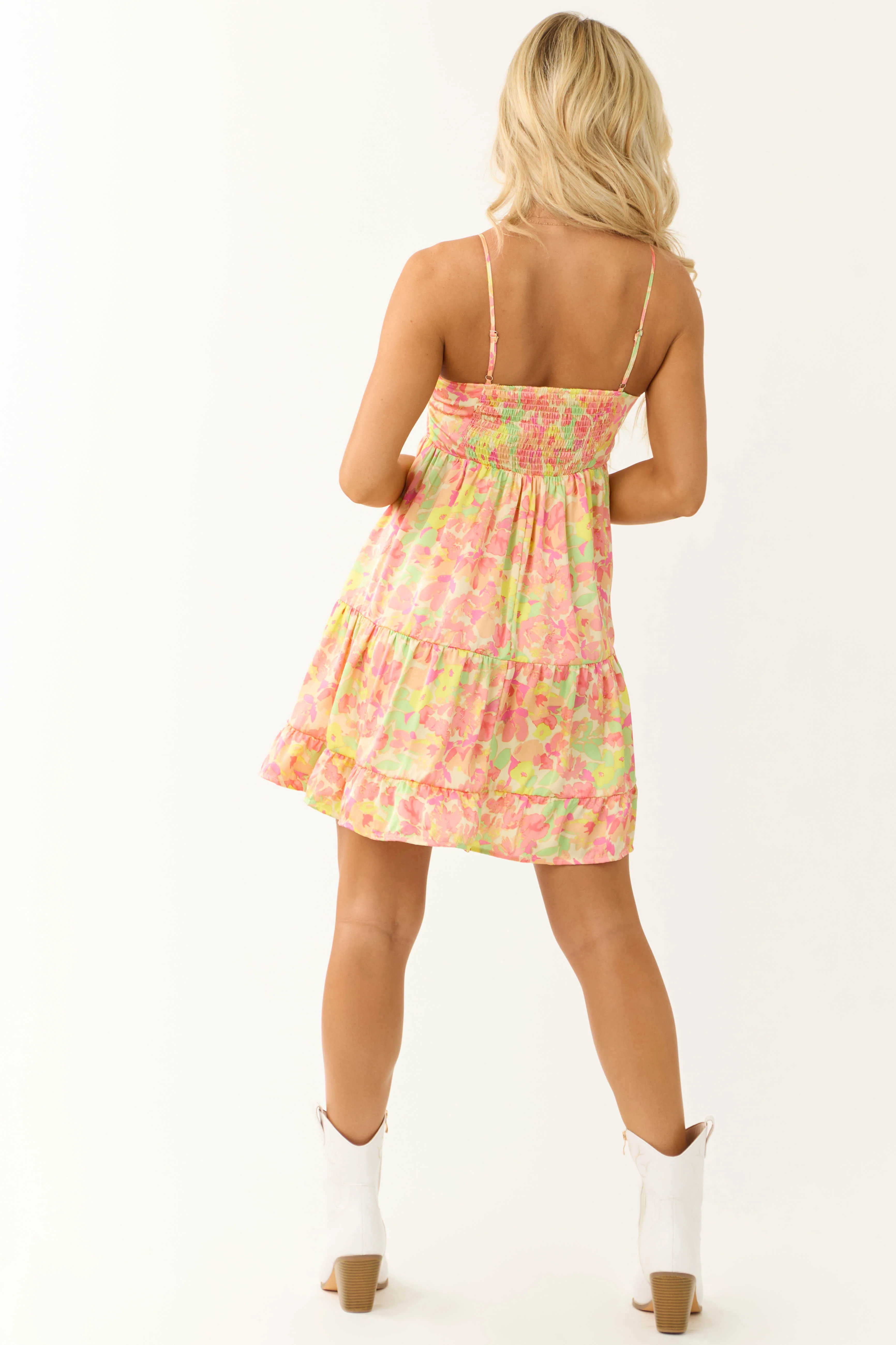 Pastel Yellow Floral Print Satin Mini Dress - Image 7