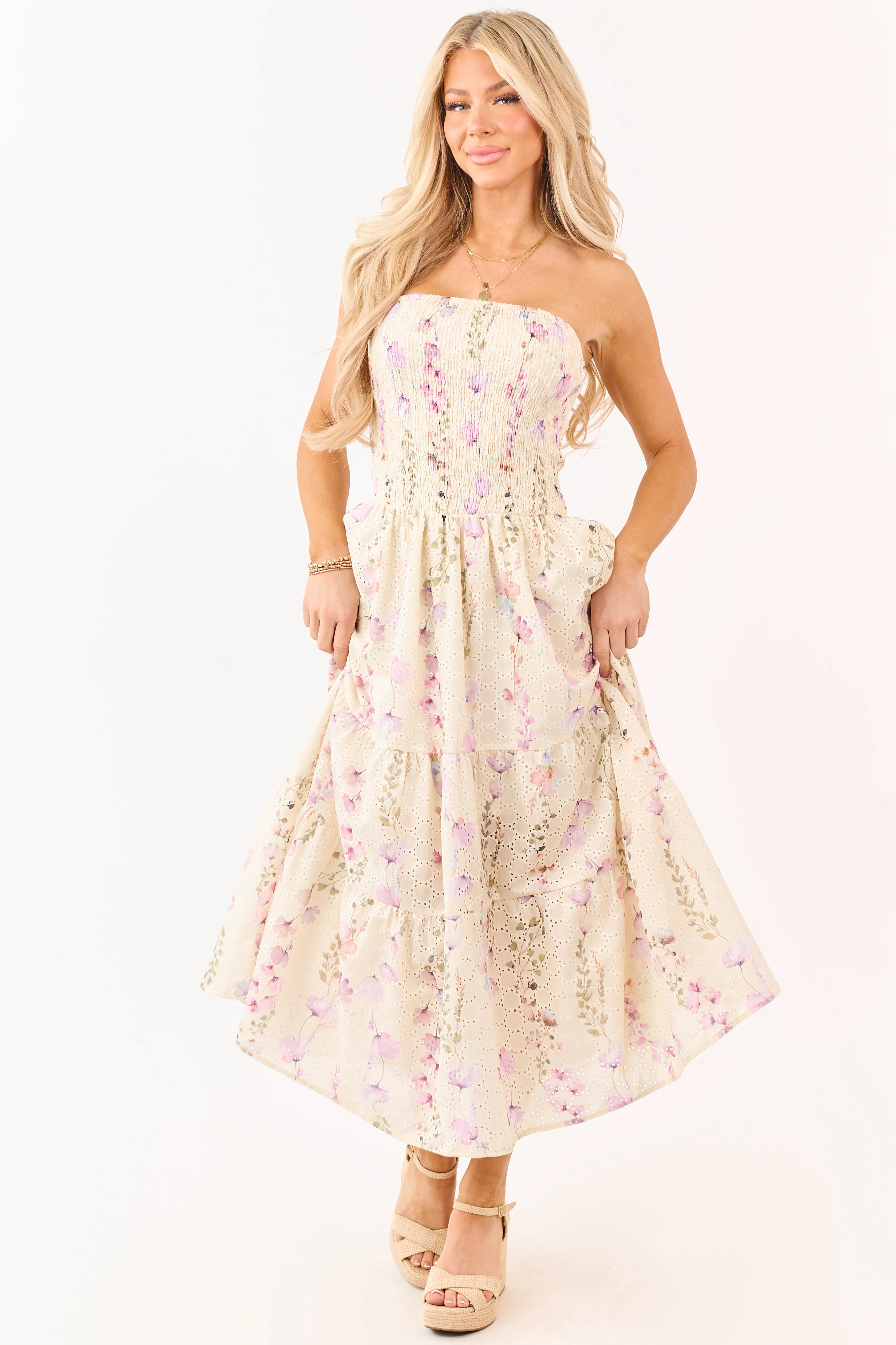 Pastel Yellow Floral Print Strapless Midi Dress - Image 3