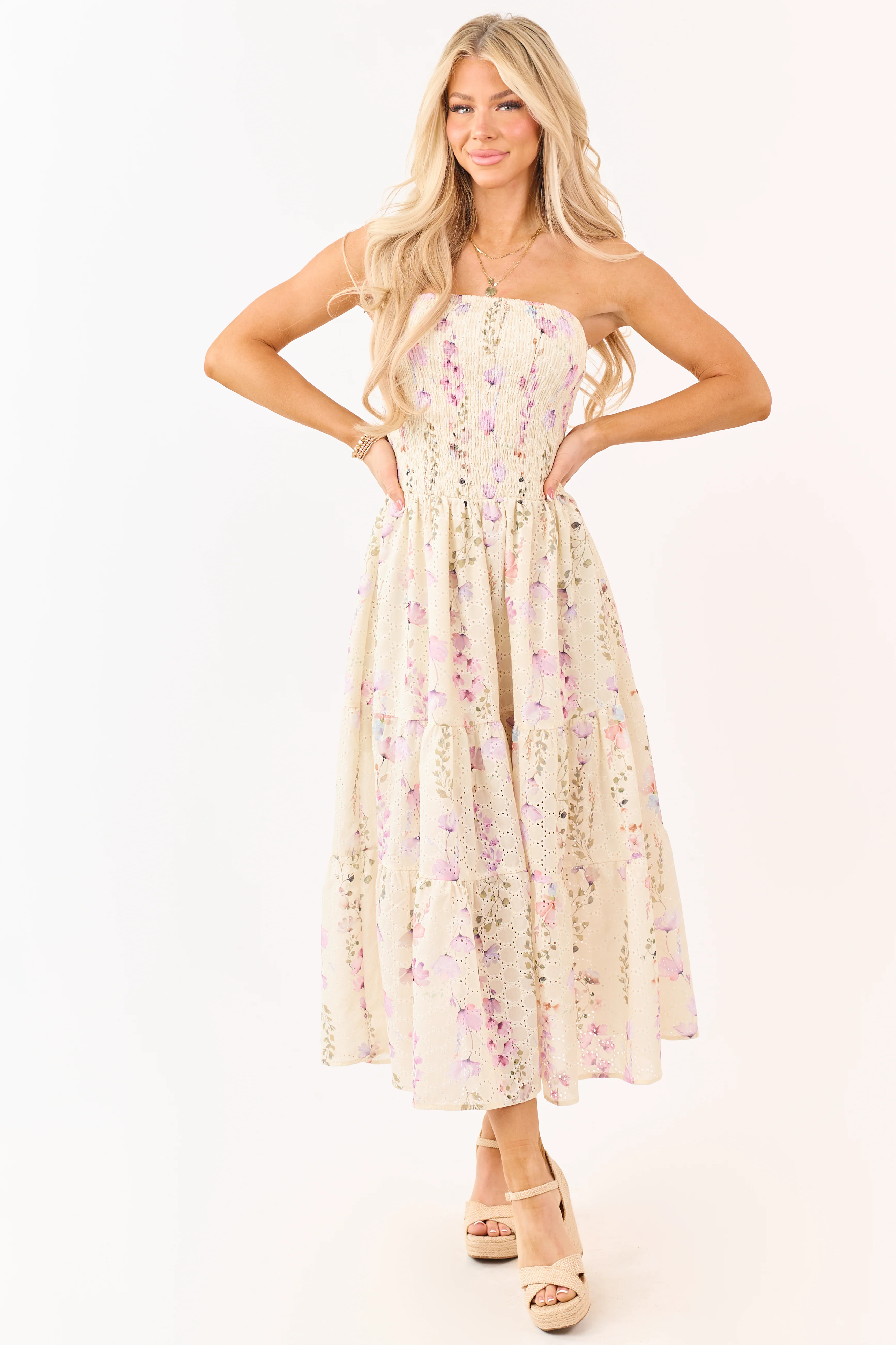 Pastel Yellow Floral Print Strapless Midi Dress - Image 4