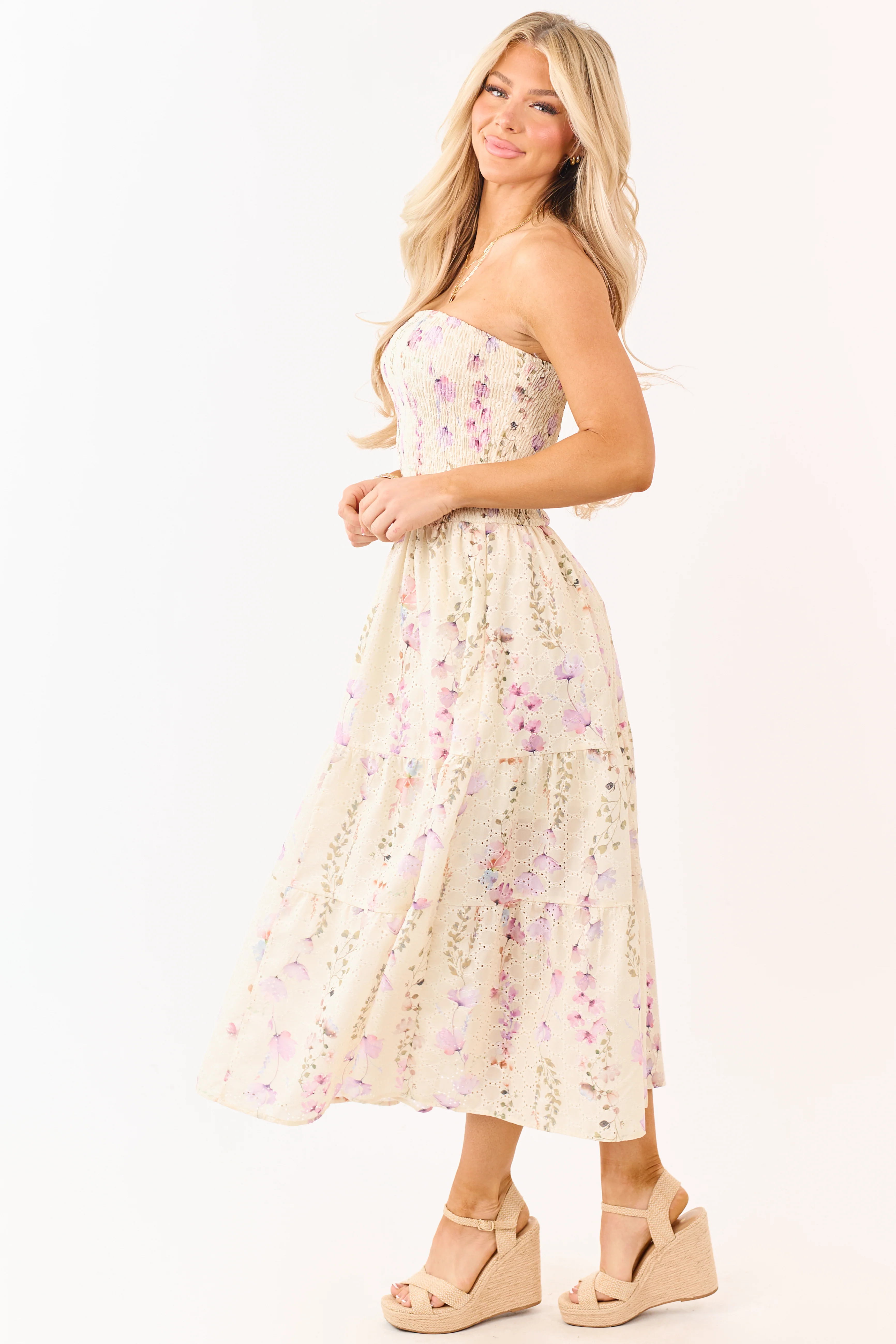 Pastel Yellow Floral Print Strapless Midi Dress - Image 5