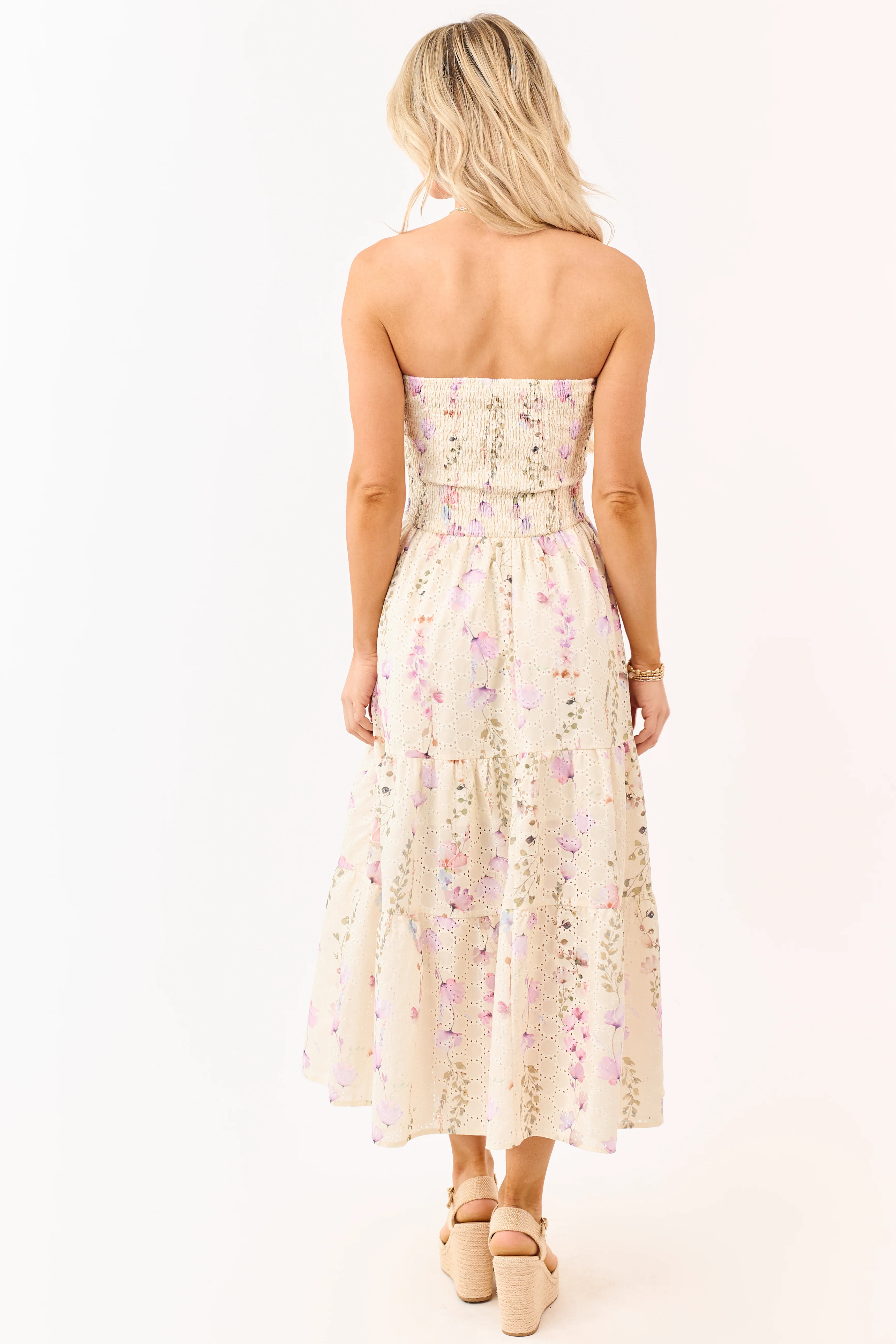 Pastel Yellow Floral Print Strapless Midi Dress - Image 6