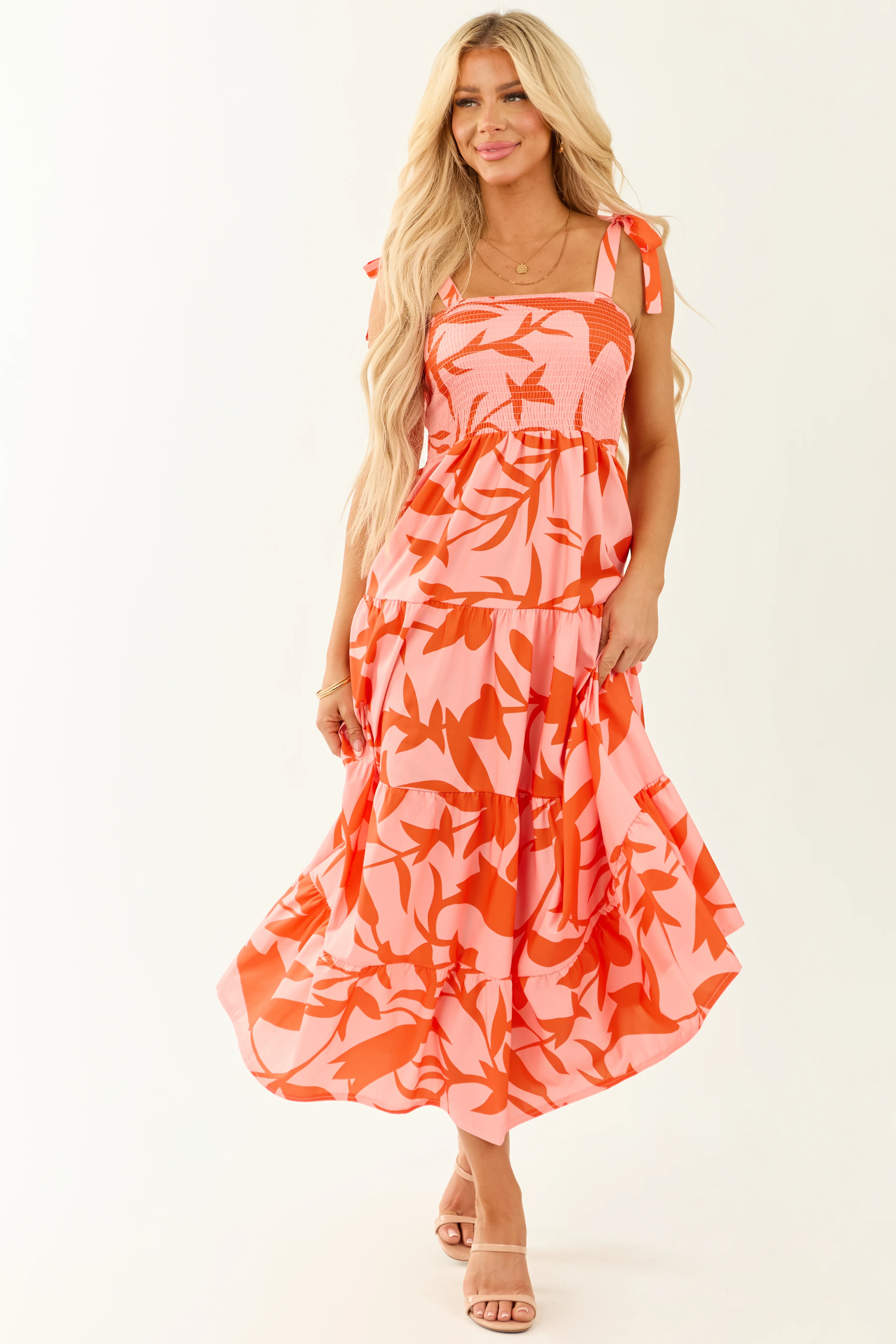 Peach Abstract Print Tie Straps Midi Dress - Image 3