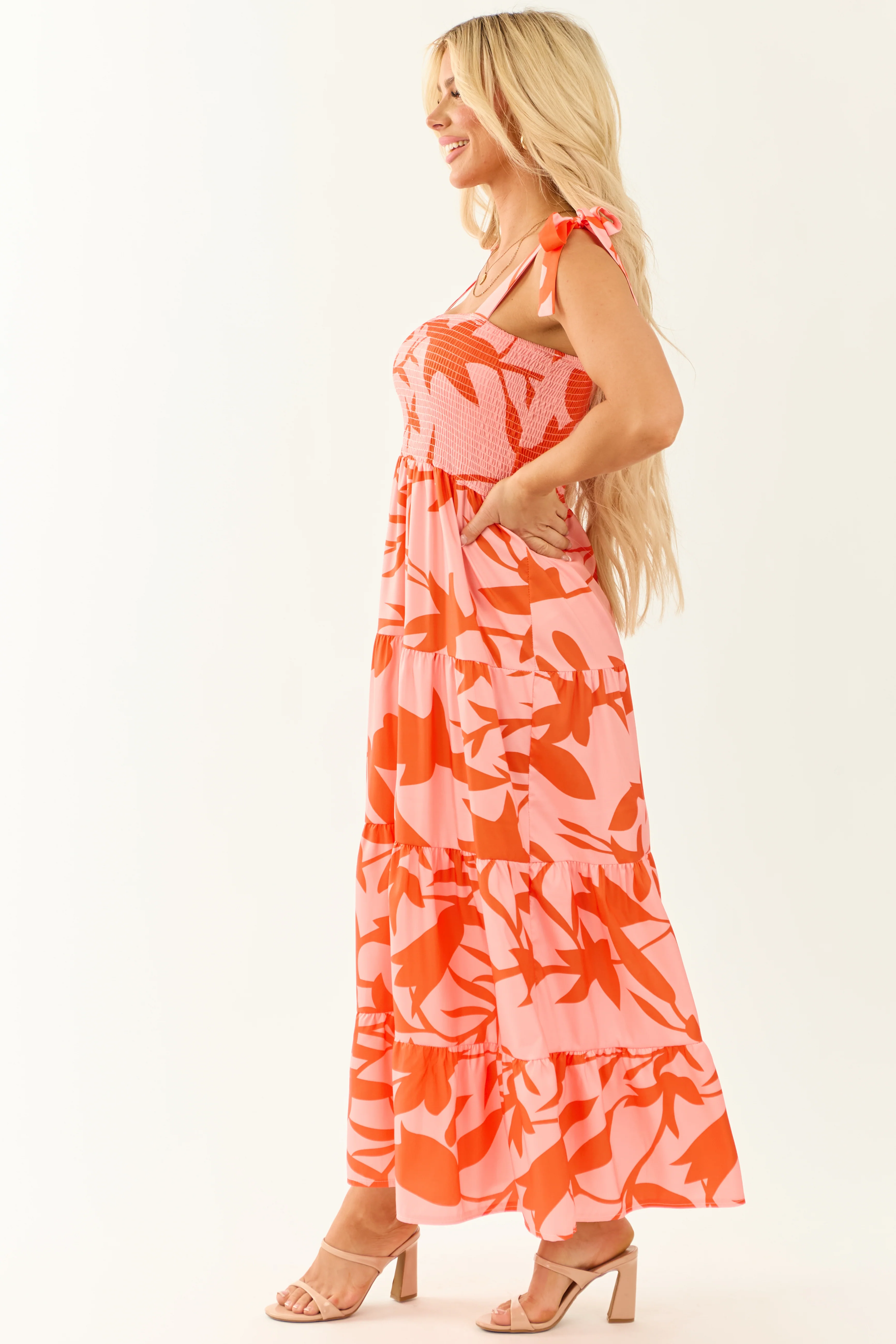 Peach Abstract Print Tie Straps Midi Dress - Image 4
