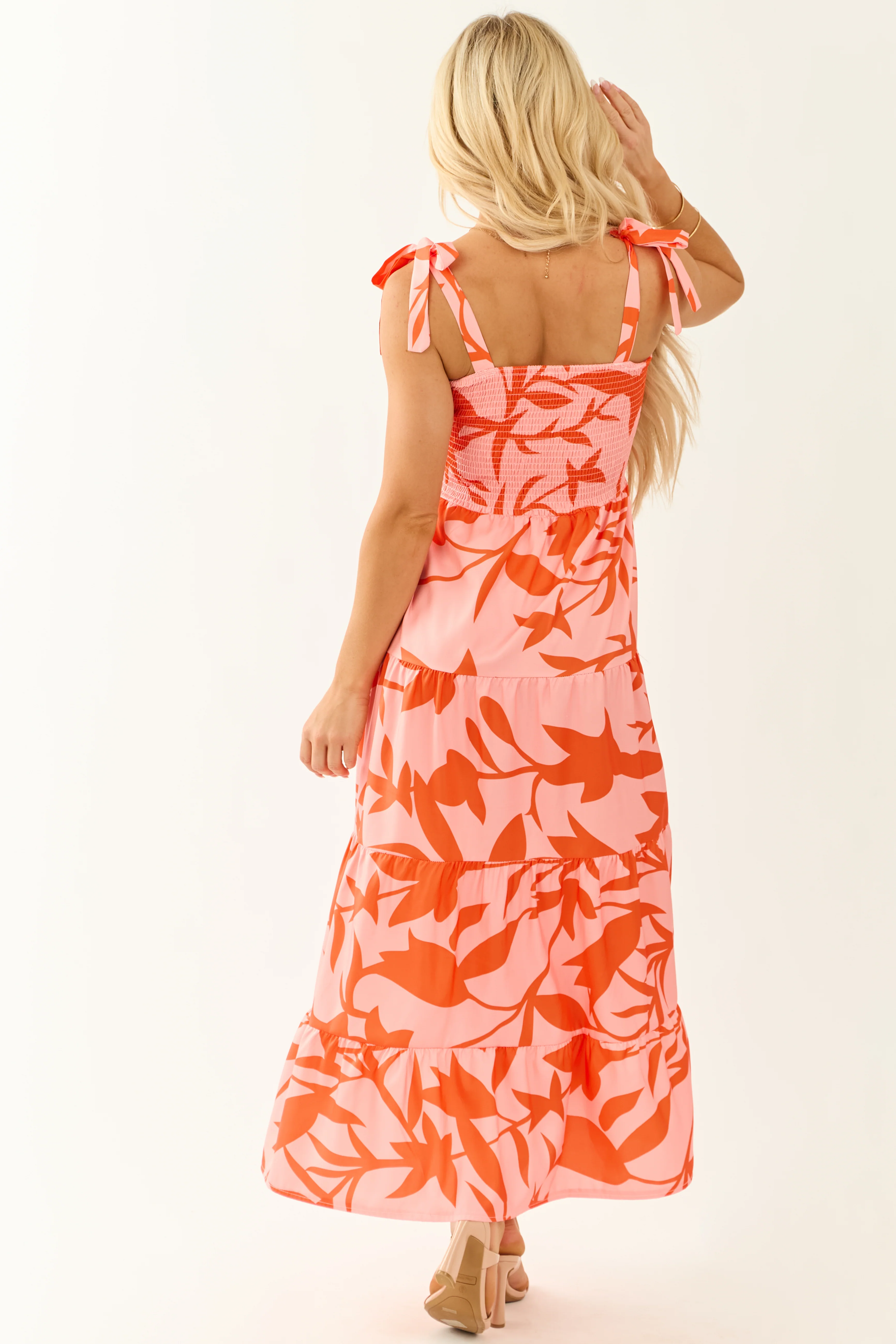 Peach Abstract Print Tie Straps Midi Dress - Image 5