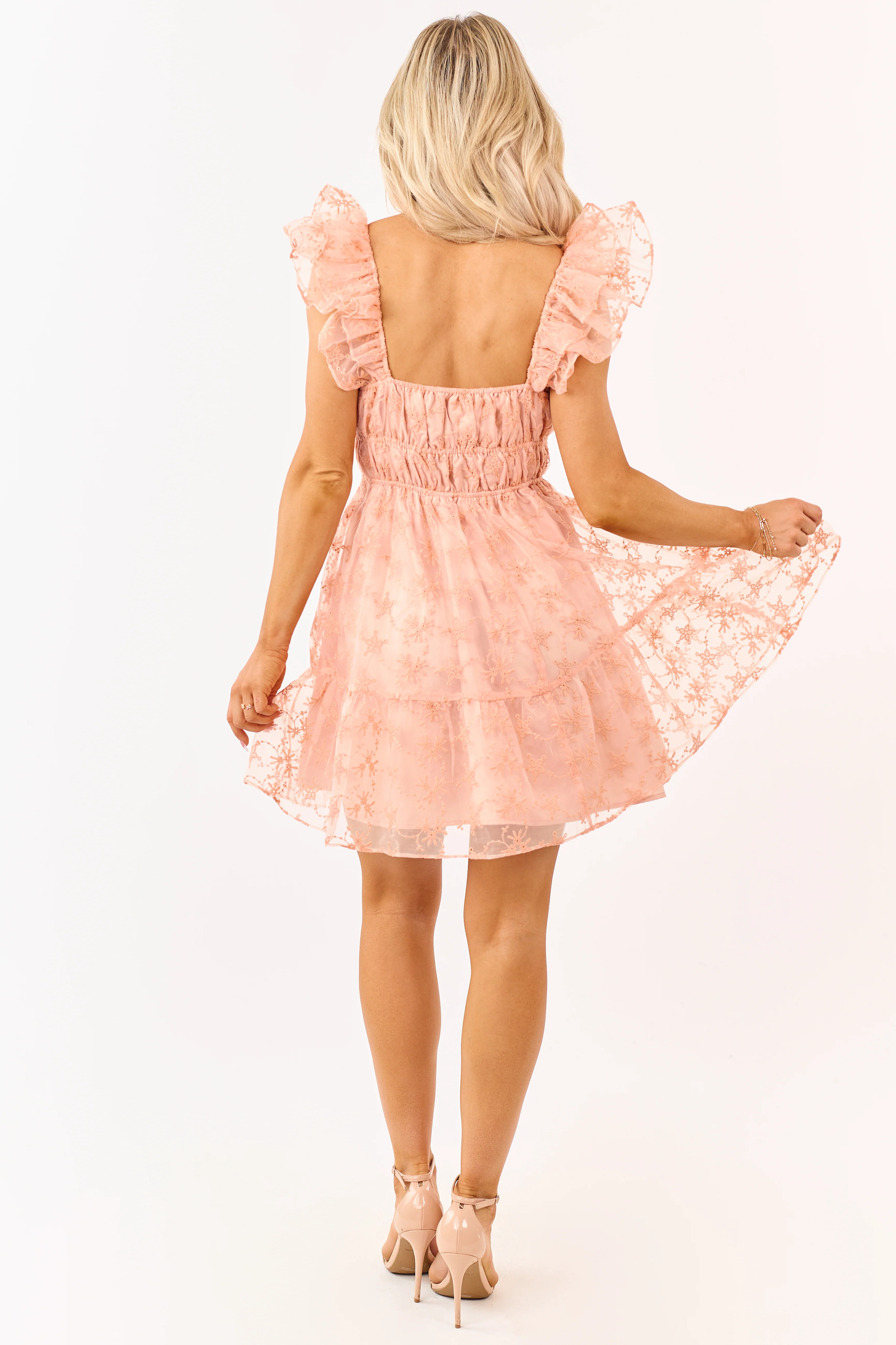 Peach Floral Embroidered Chiffon Mini Dress - Image 7