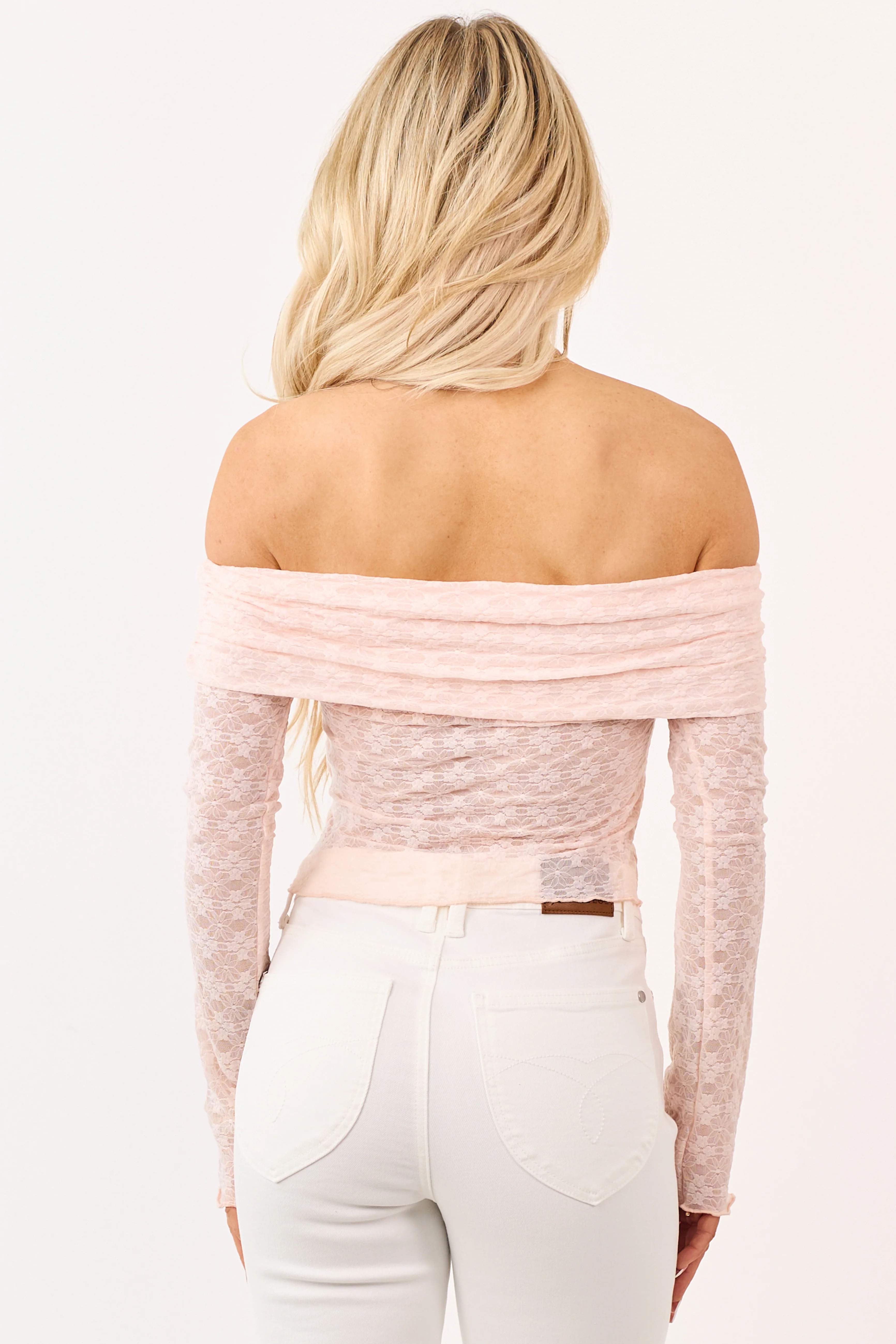 Peach Off the Shoulder Lace Long Sleeve Top - Image 5