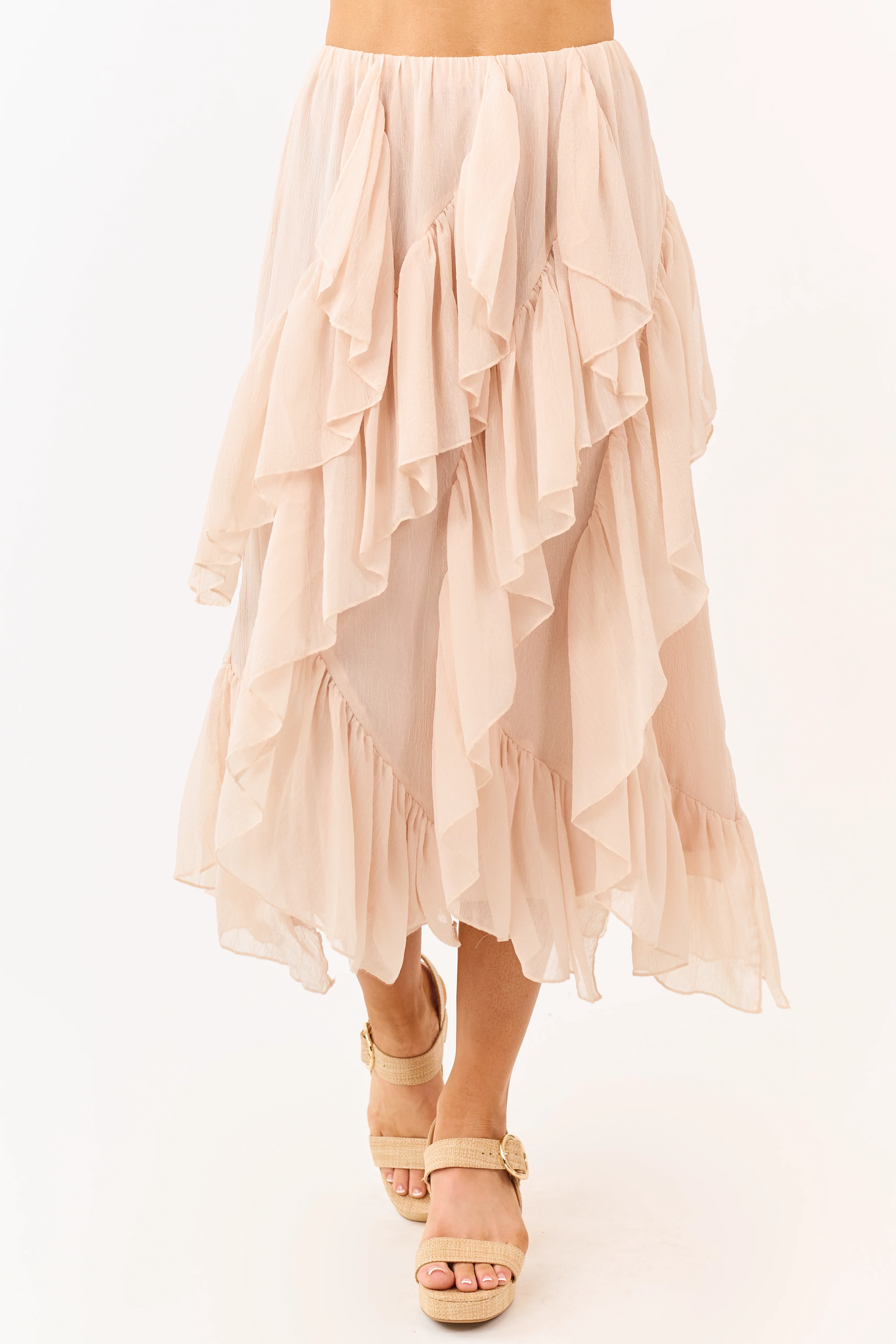 Peach Ruffled Chiffon Elastic Waist Midi Skirt - Image 2