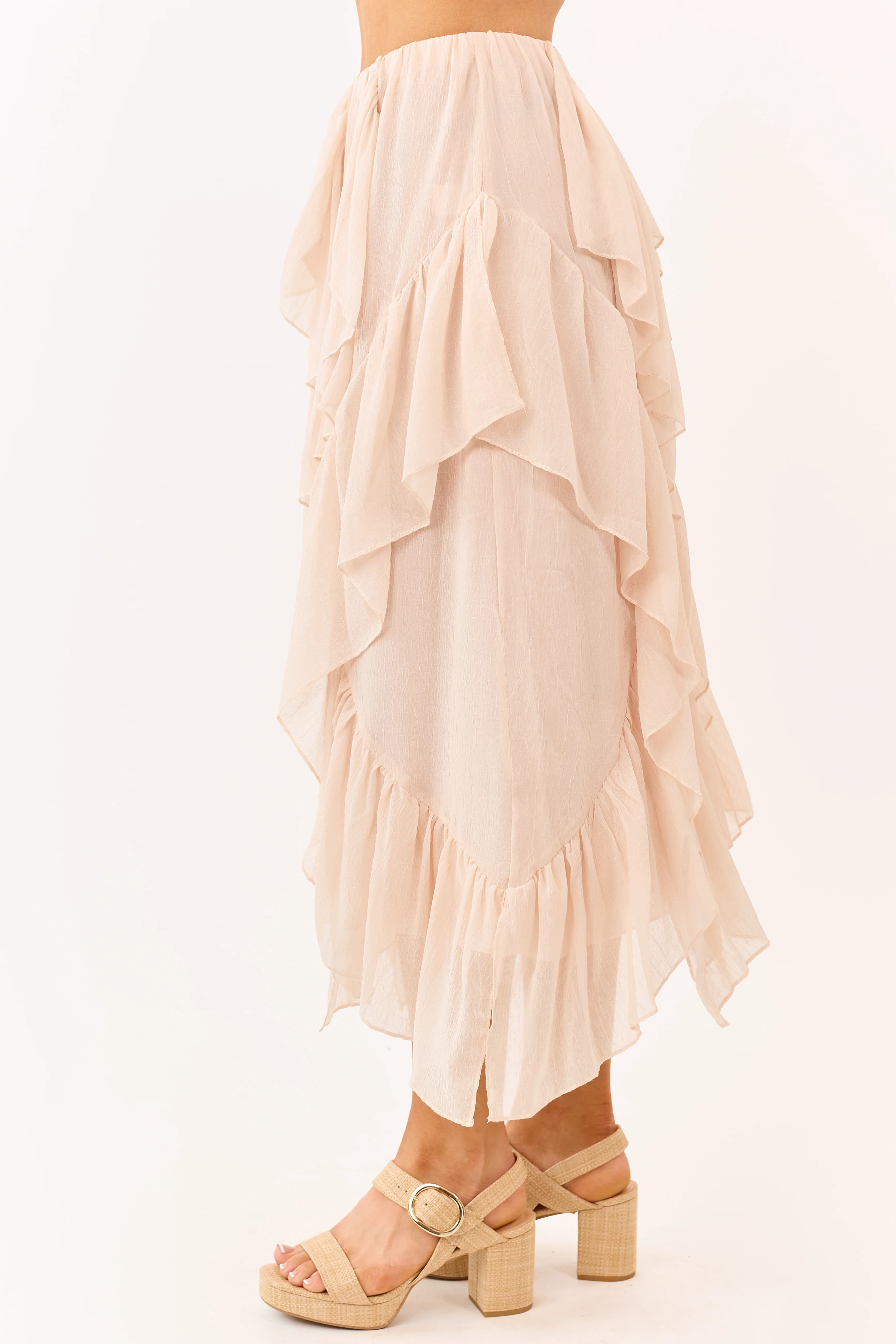 Peach Ruffled Chiffon Elastic Waist Midi Skirt - Image 3
