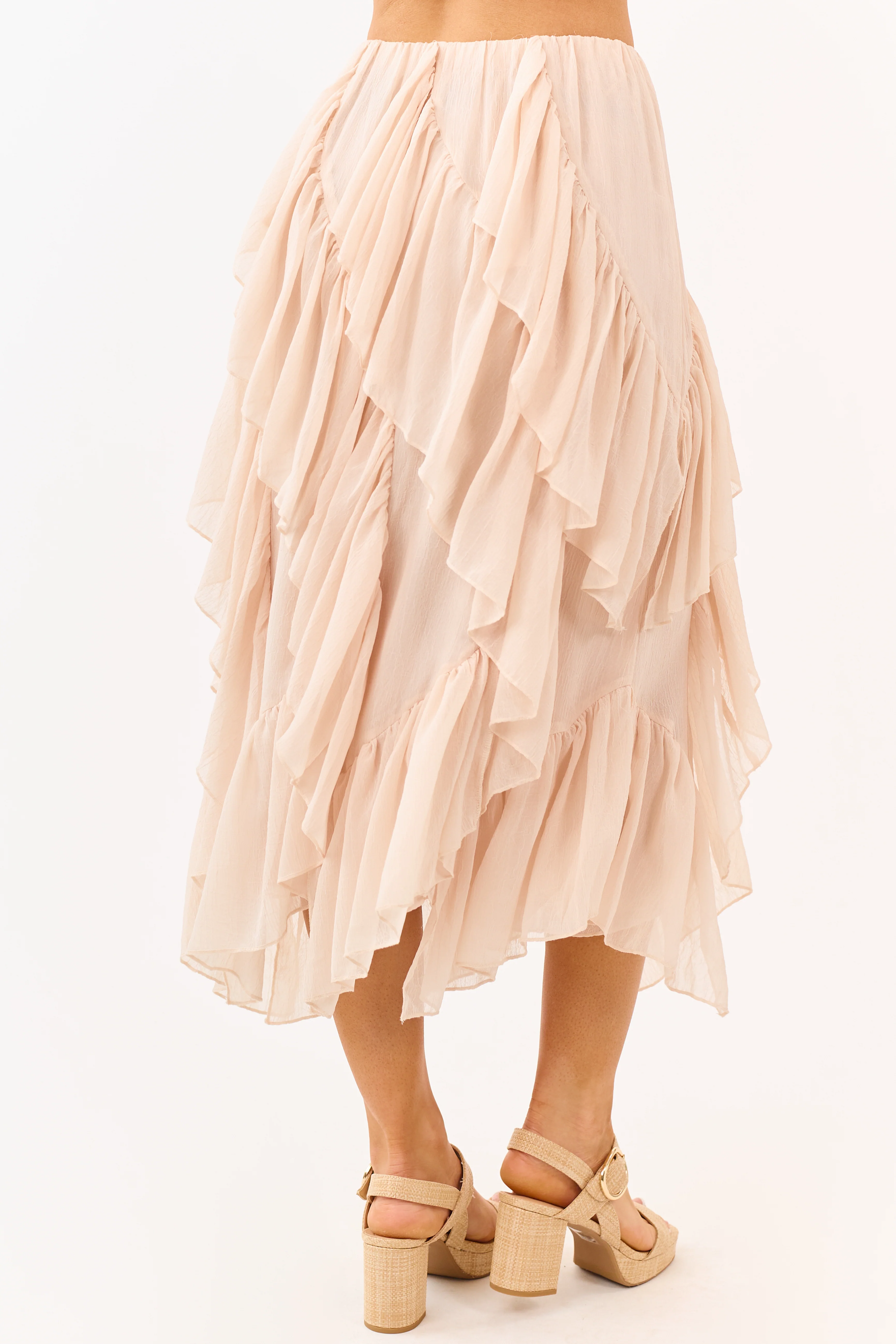 Peach Ruffled Chiffon Elastic Waist Midi Skirt - Image 4