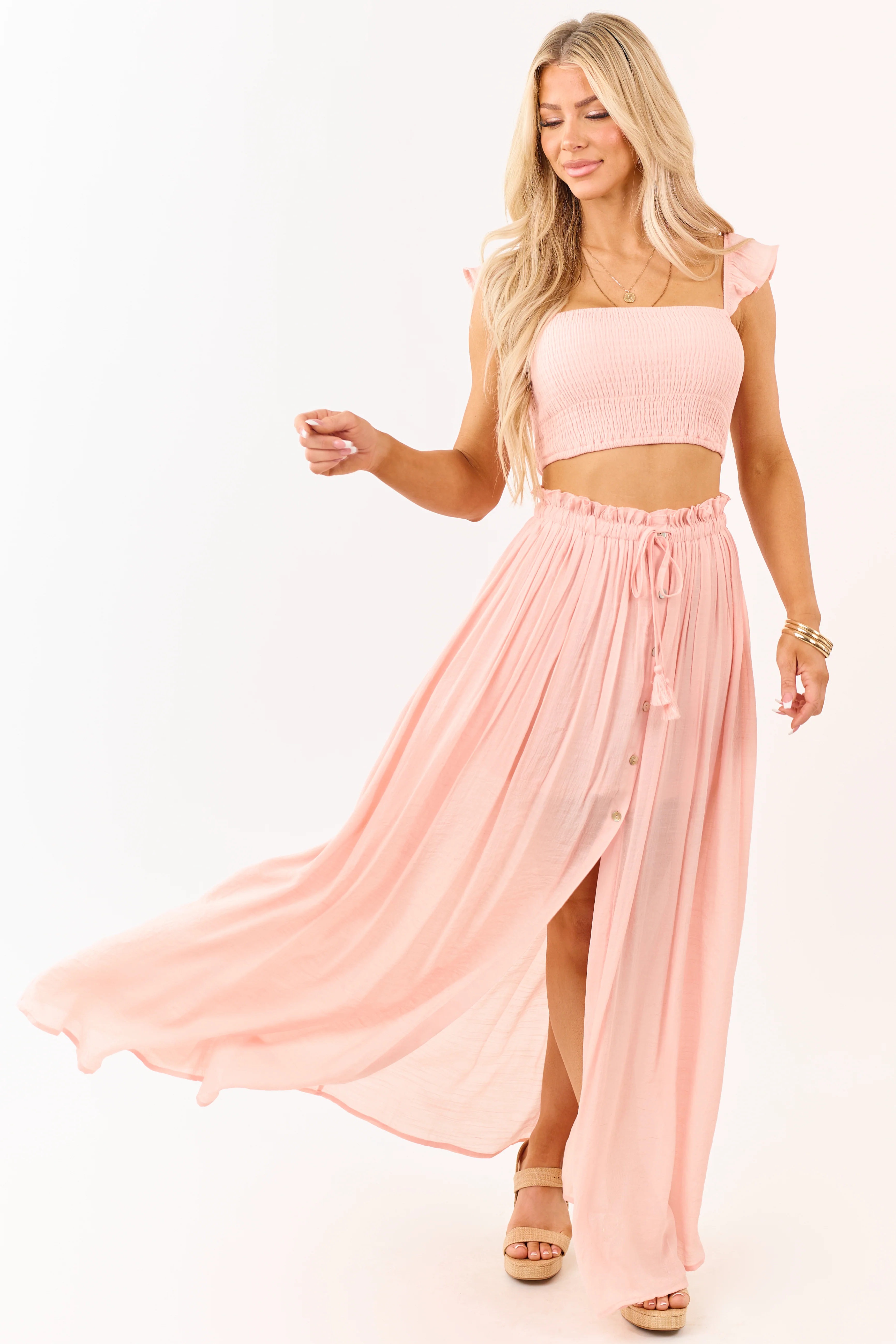 Peach Smocked Crop Top and Maxi Skirt Set