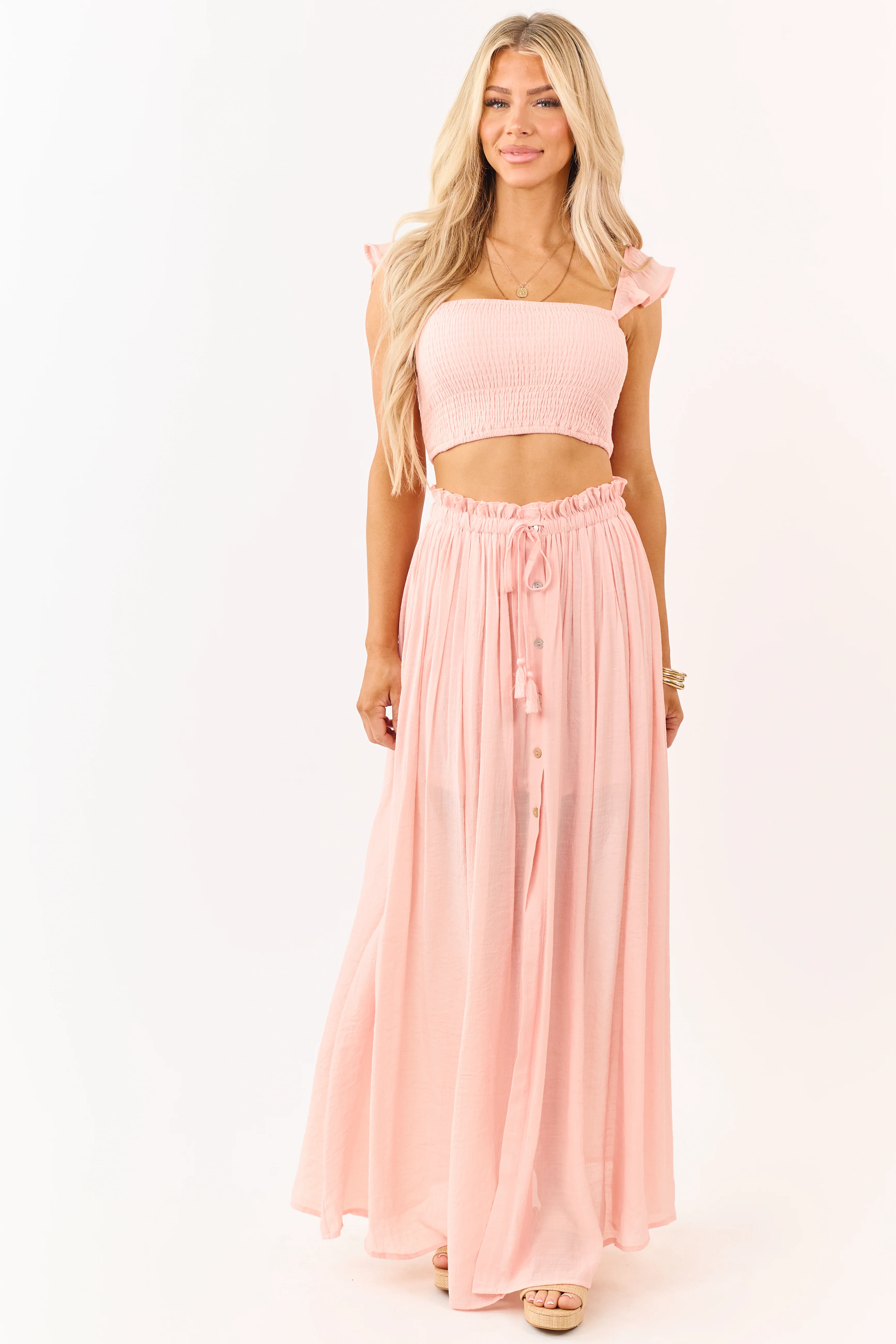 Peach Smocked Crop Top and Maxi Skirt Set - Image 2
