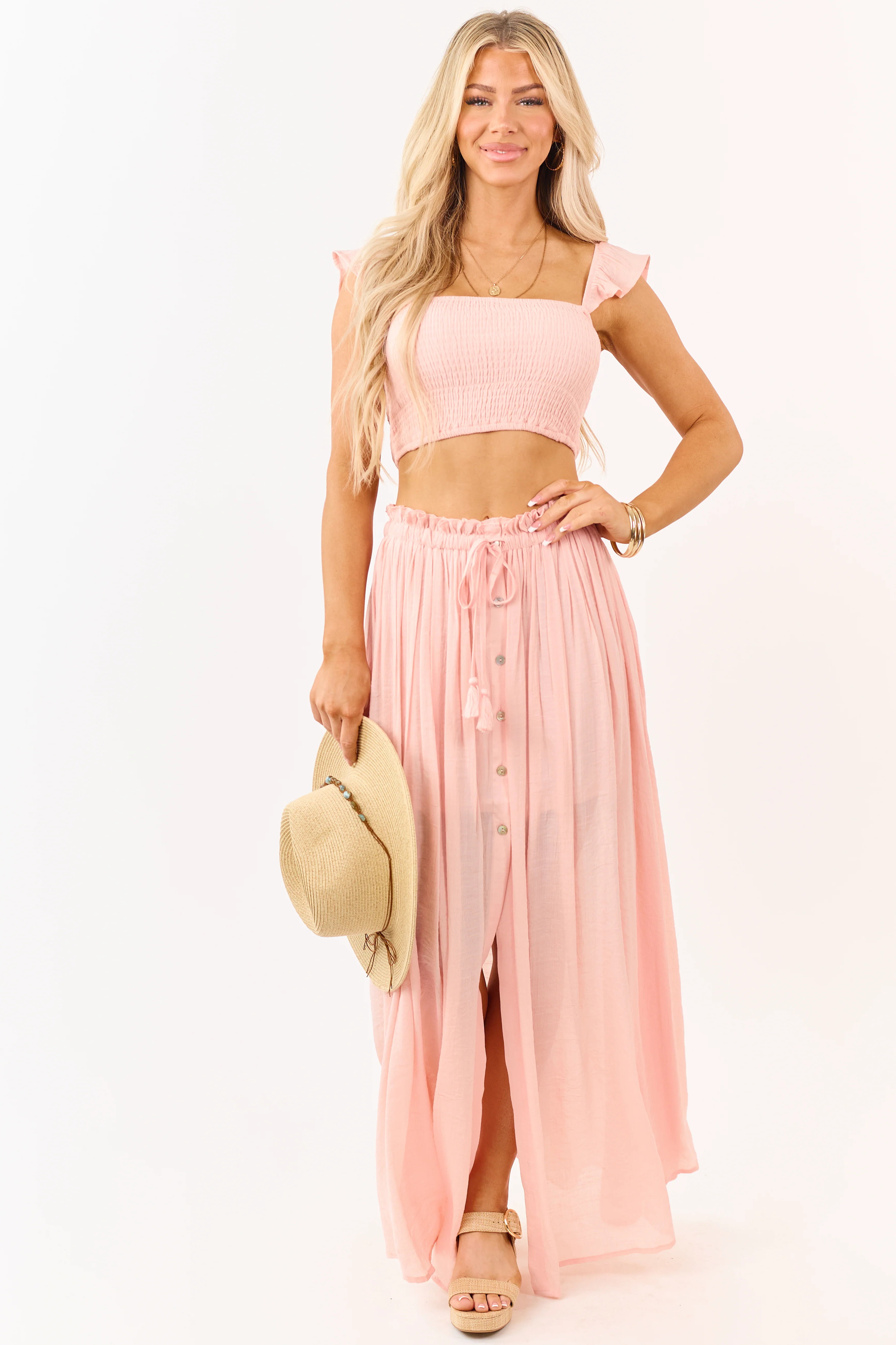 Peach Smocked Crop Top and Maxi Skirt Set - Image 3