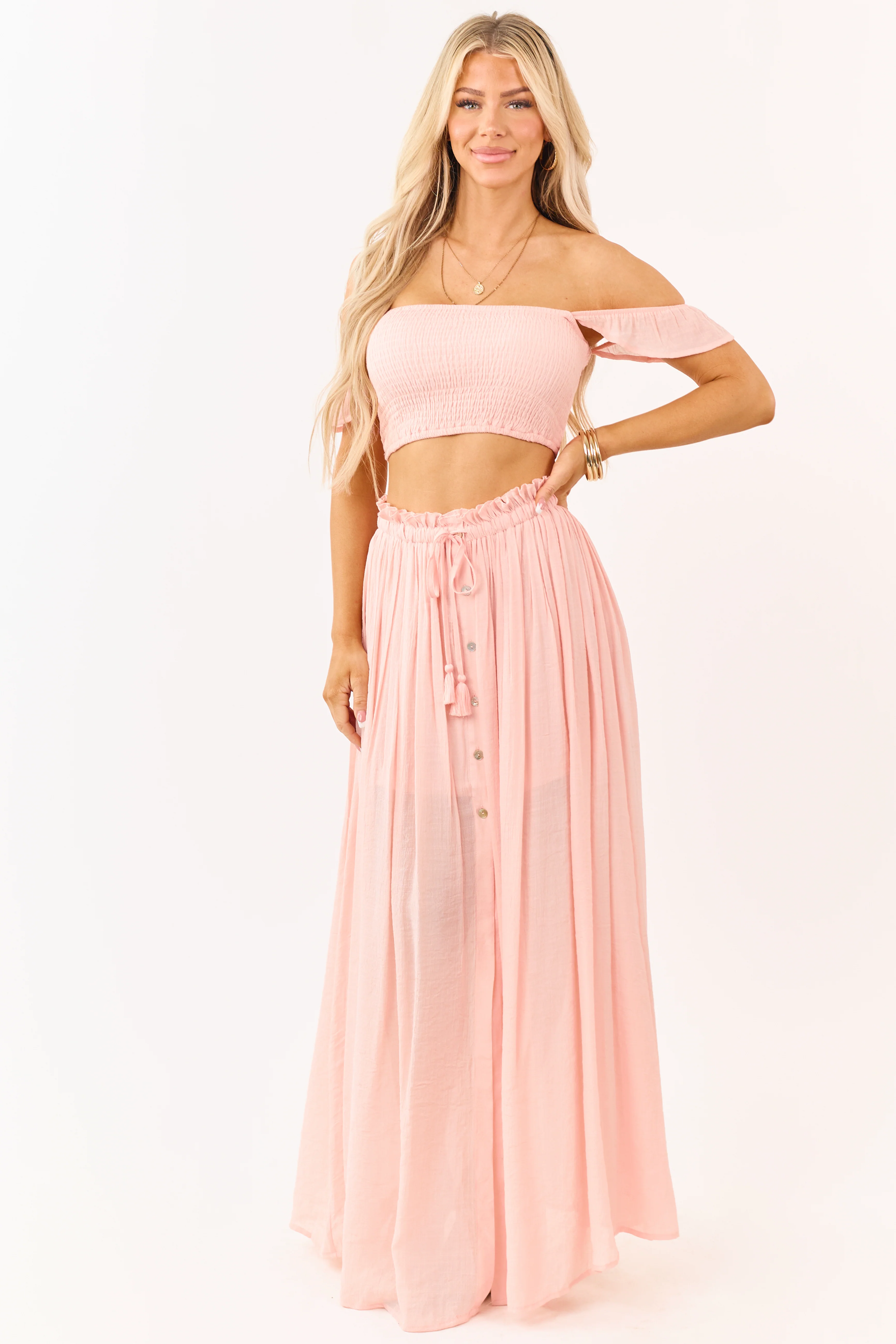 Peach Smocked Crop Top and Maxi Skirt Set - Image 4