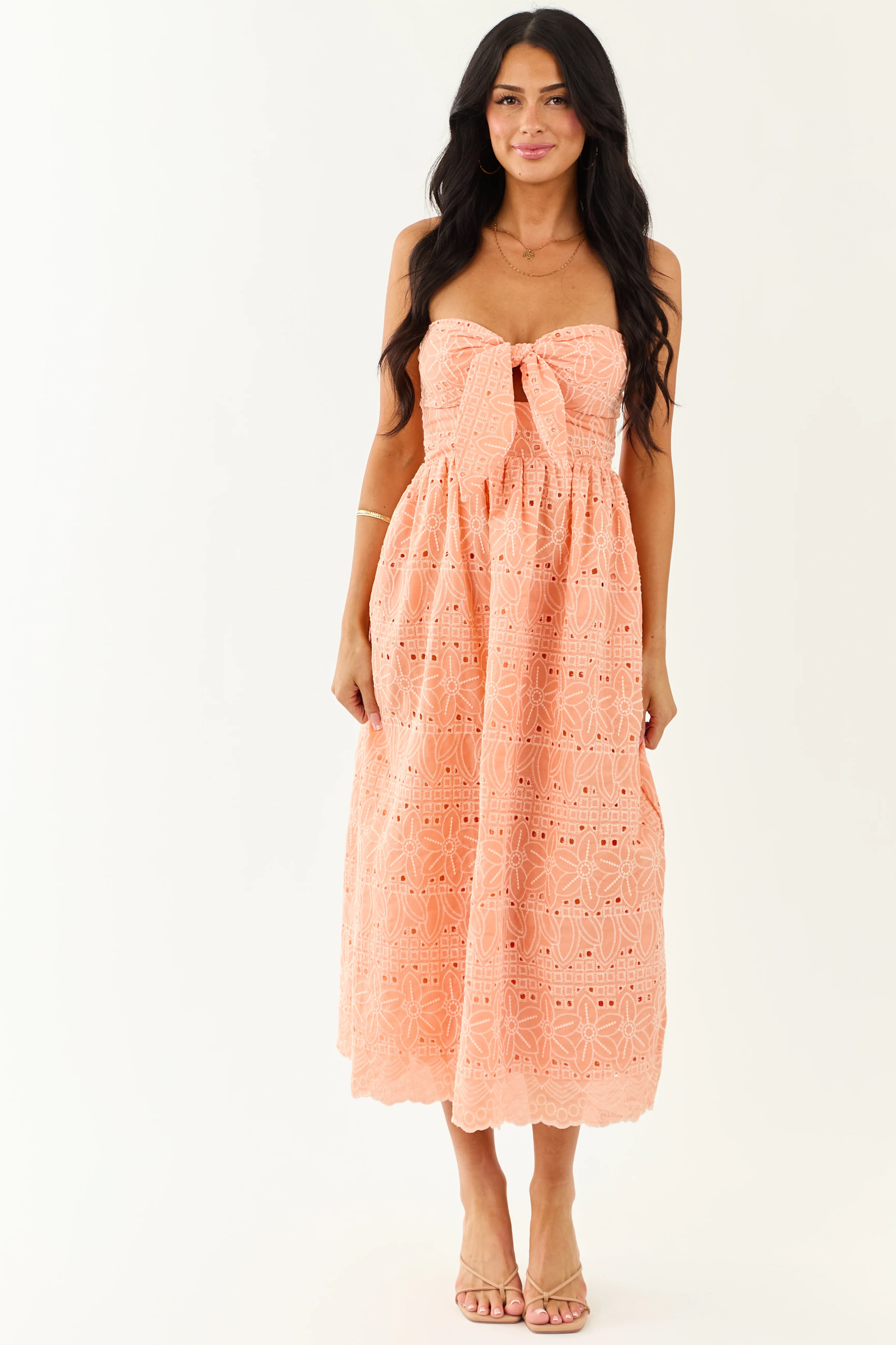 Peach Strapless Eyelet Front Tie Midi Dress - Image 5