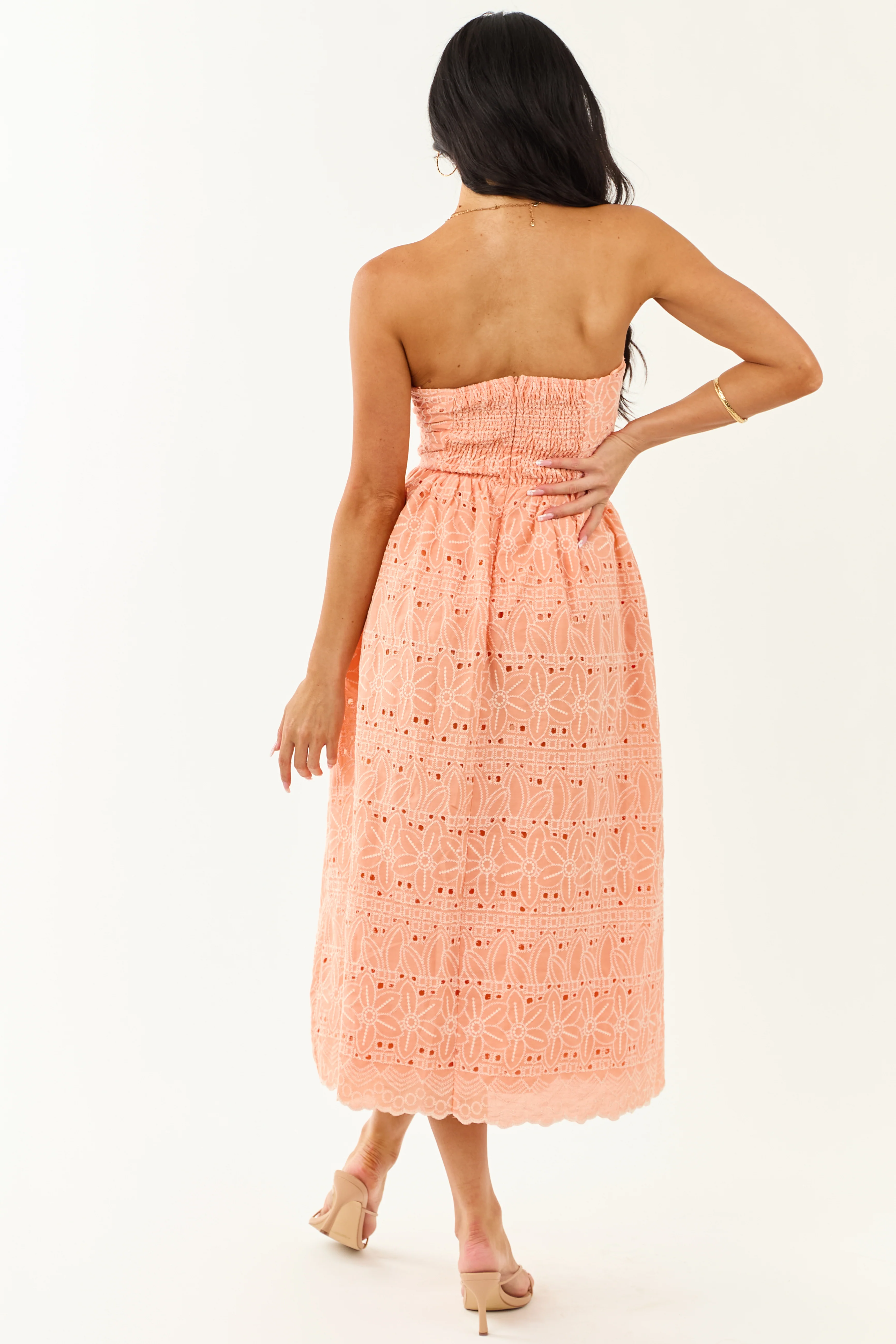 Peach Strapless Eyelet Front Tie Midi Dress - Image 8