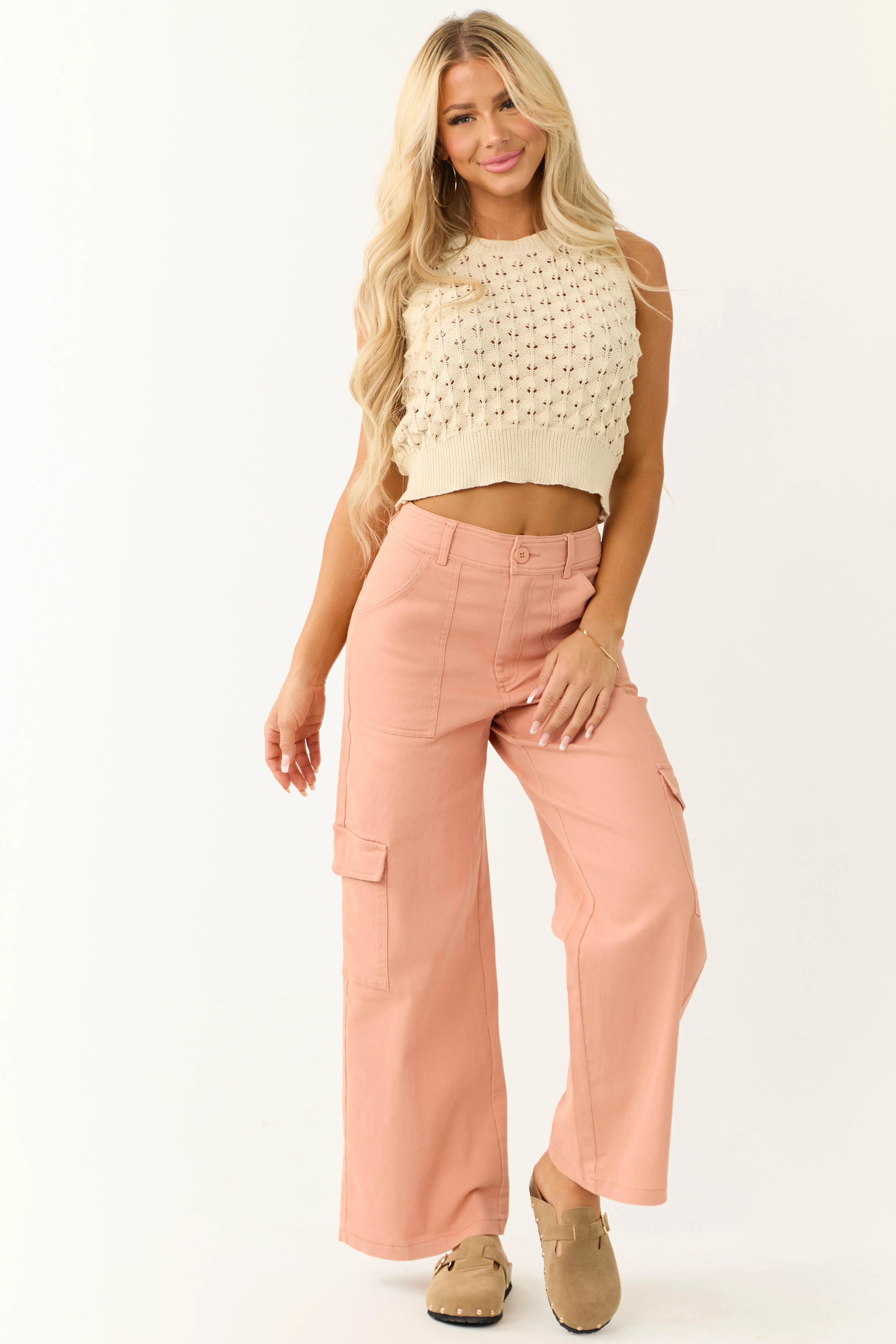 Peach Twill Wide Leg High Waisted Cargo Pants - Image 6