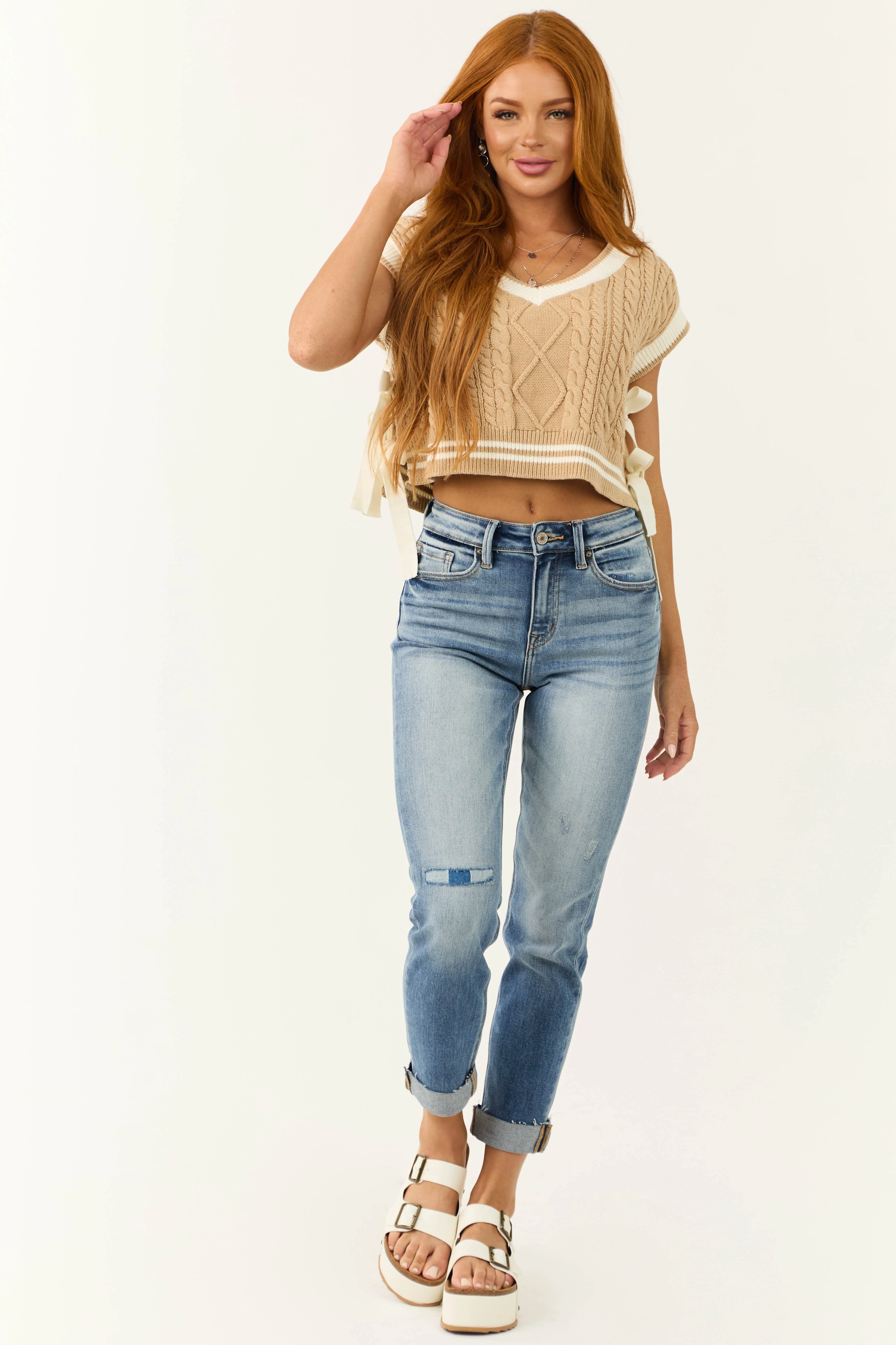 Peanut and Cream V Neck Side Tie Sweater Vest - Image 2