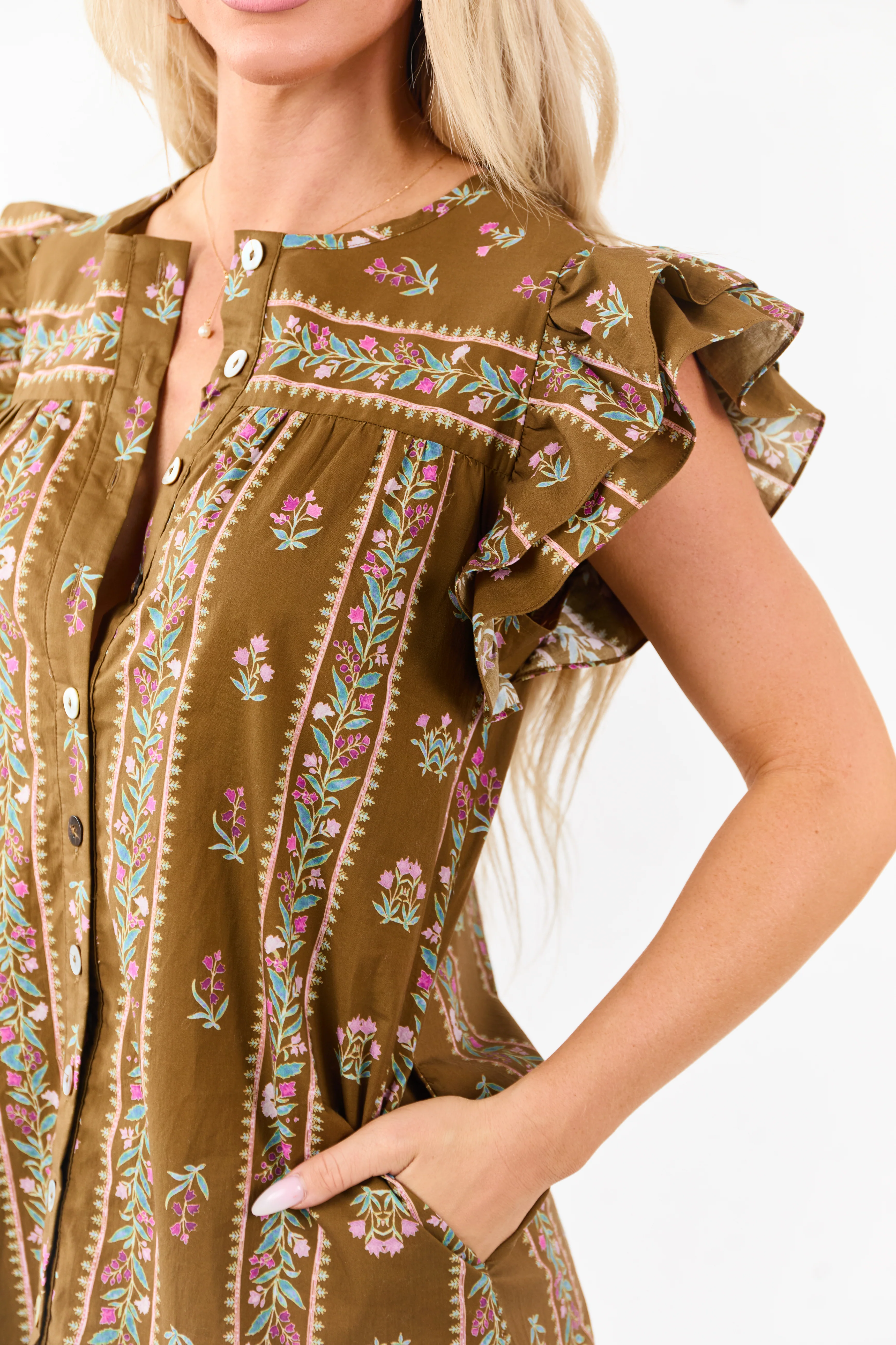 Peanut Floral Print Ruffle Sleeve Cotton Mini Dress - Image 2