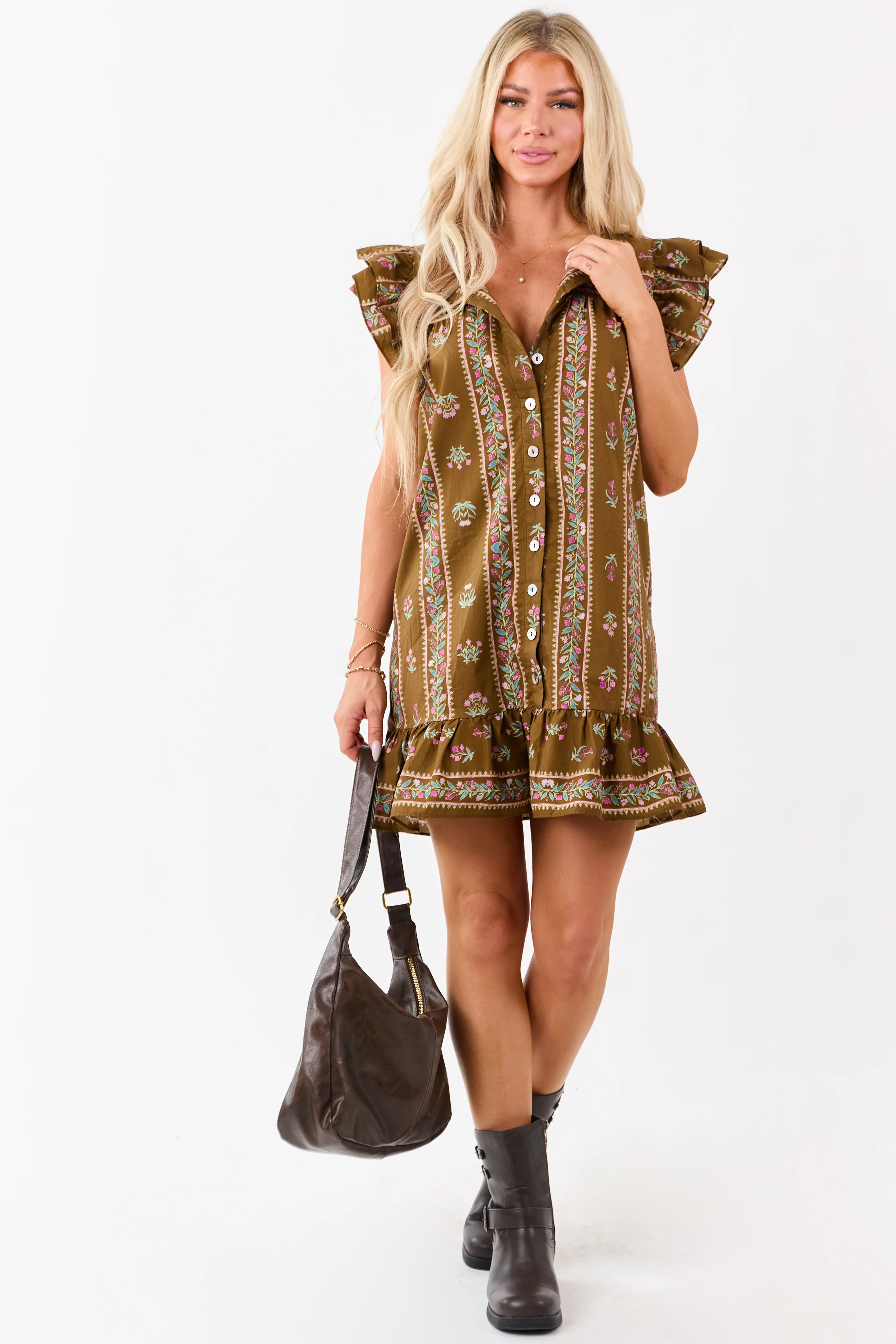 Peanut Floral Print Ruffle Sleeve Cotton Mini Dress - Image 4