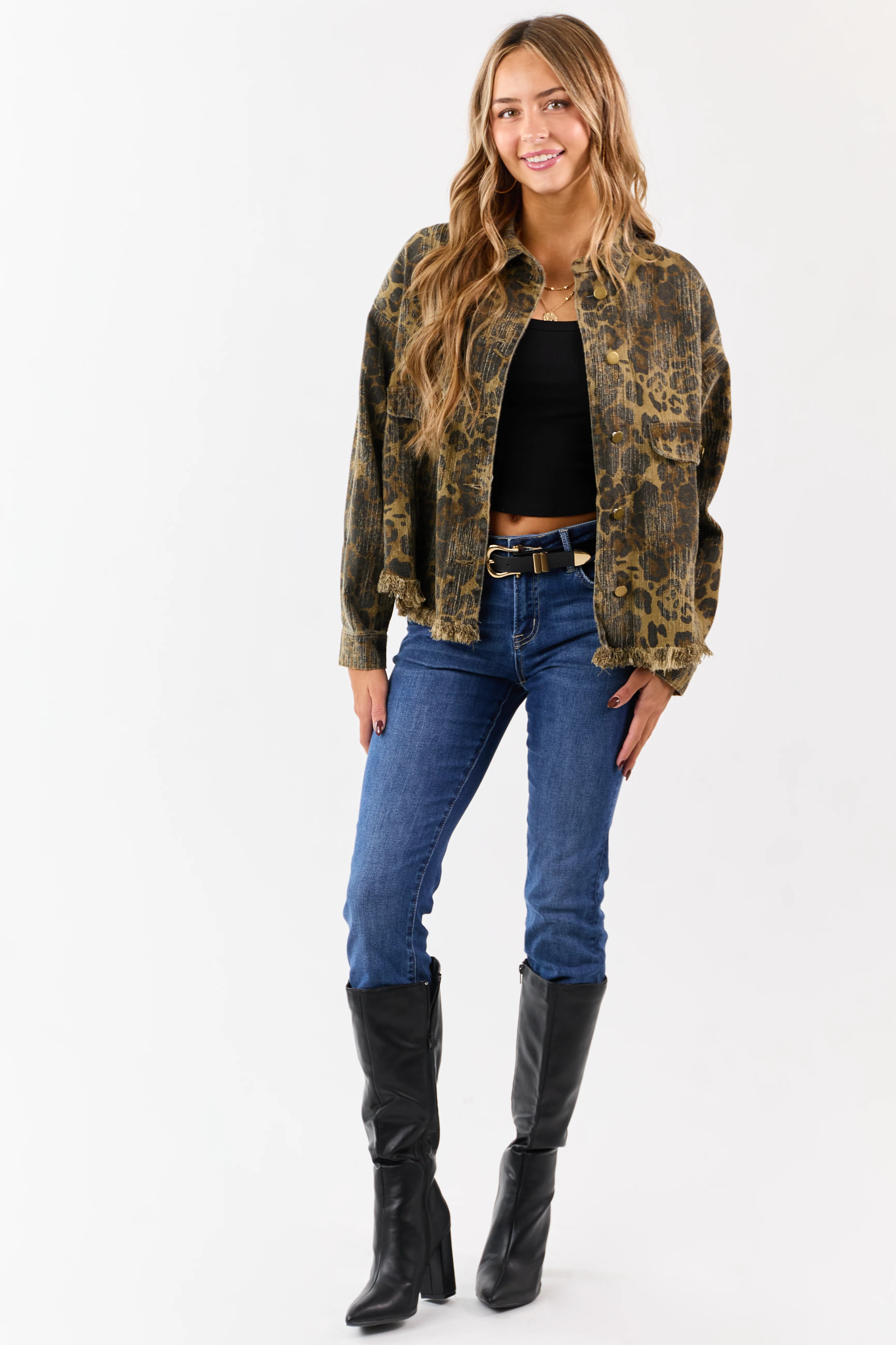 Peanut Leopard Print Fringe Hem Denim Shacket - Image 3