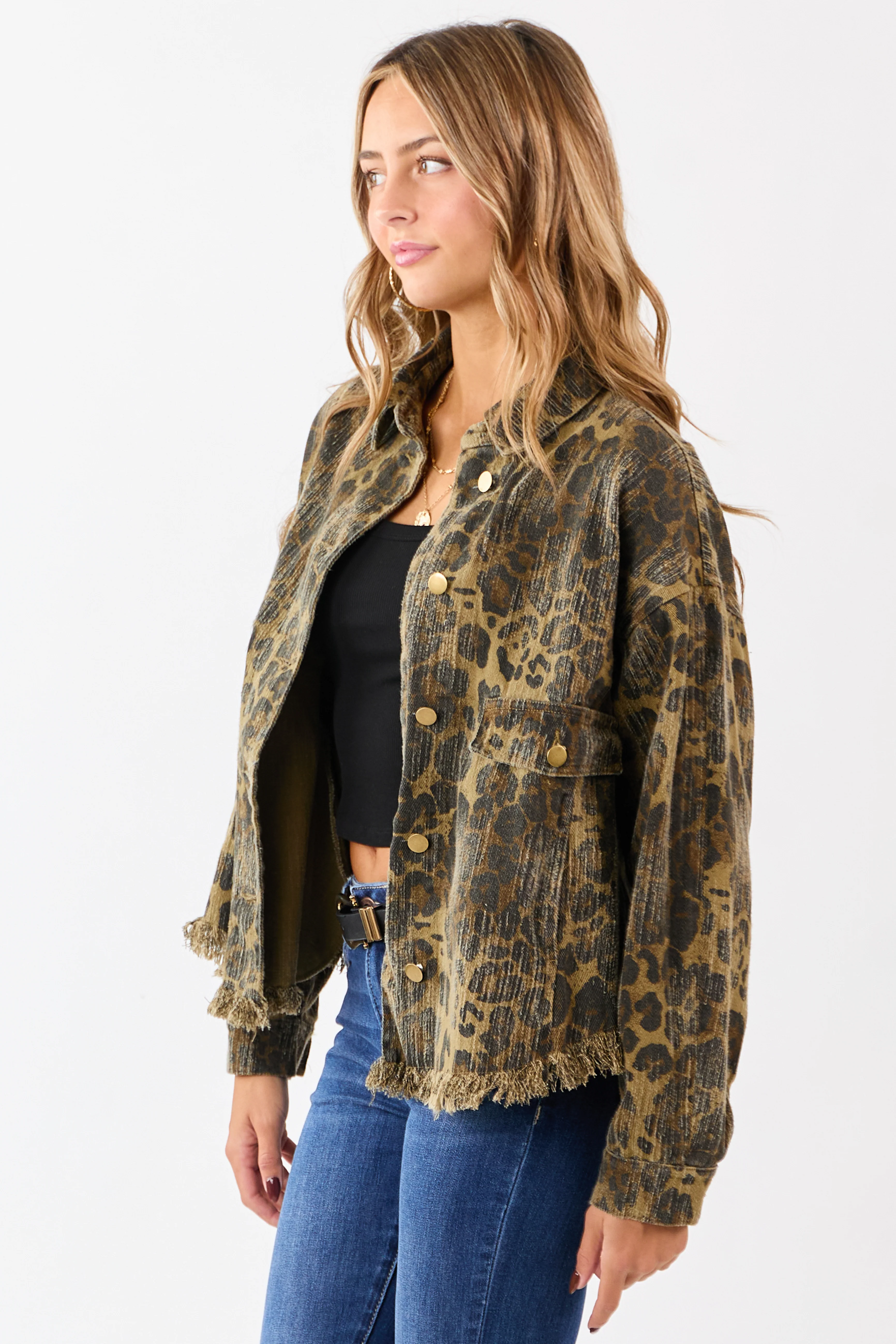 Peanut Leopard Print Fringe Hem Denim Shacket - Image 4