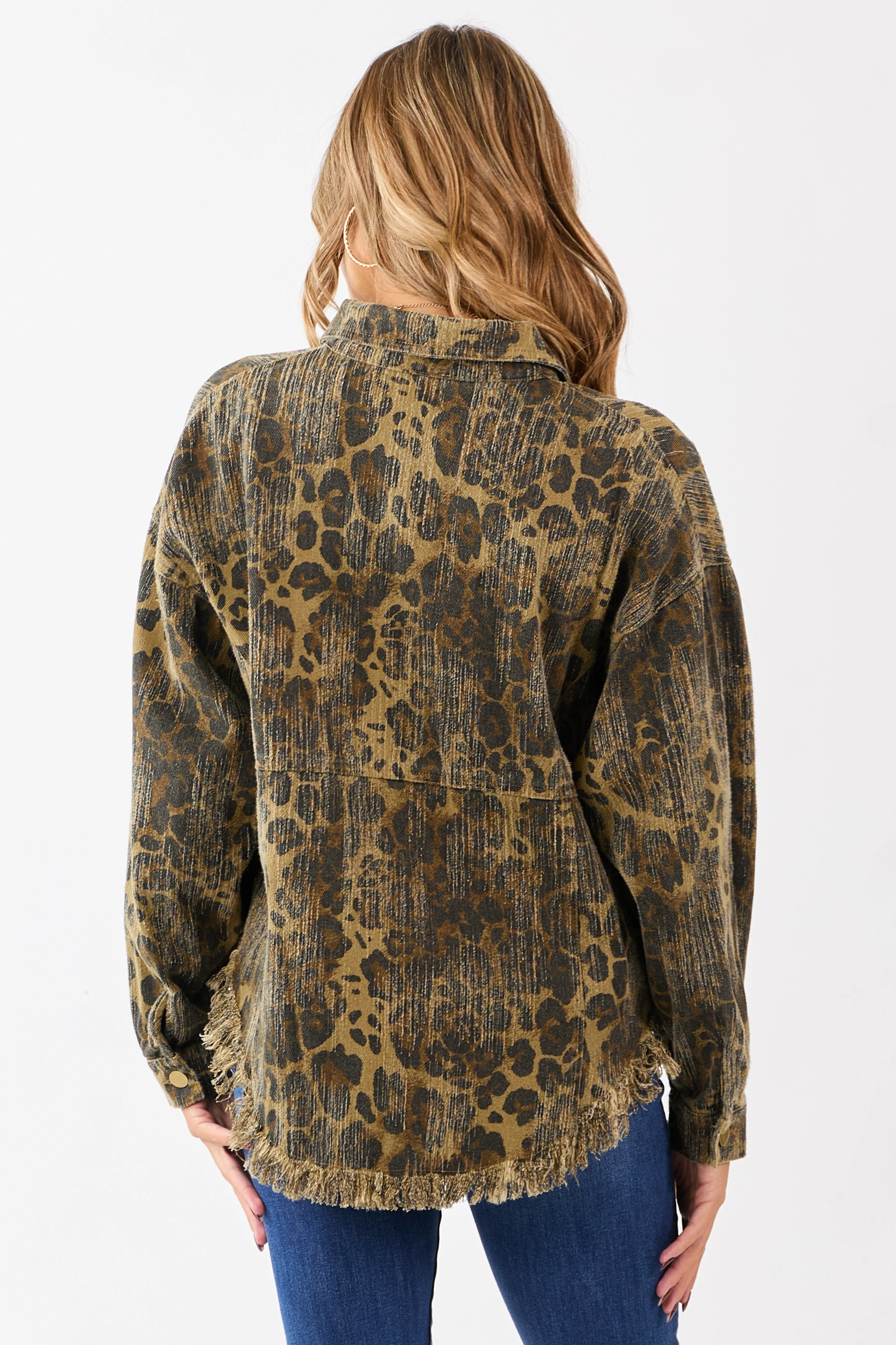 Peanut Leopard Print Fringe Hem Denim Shacket - Image 5