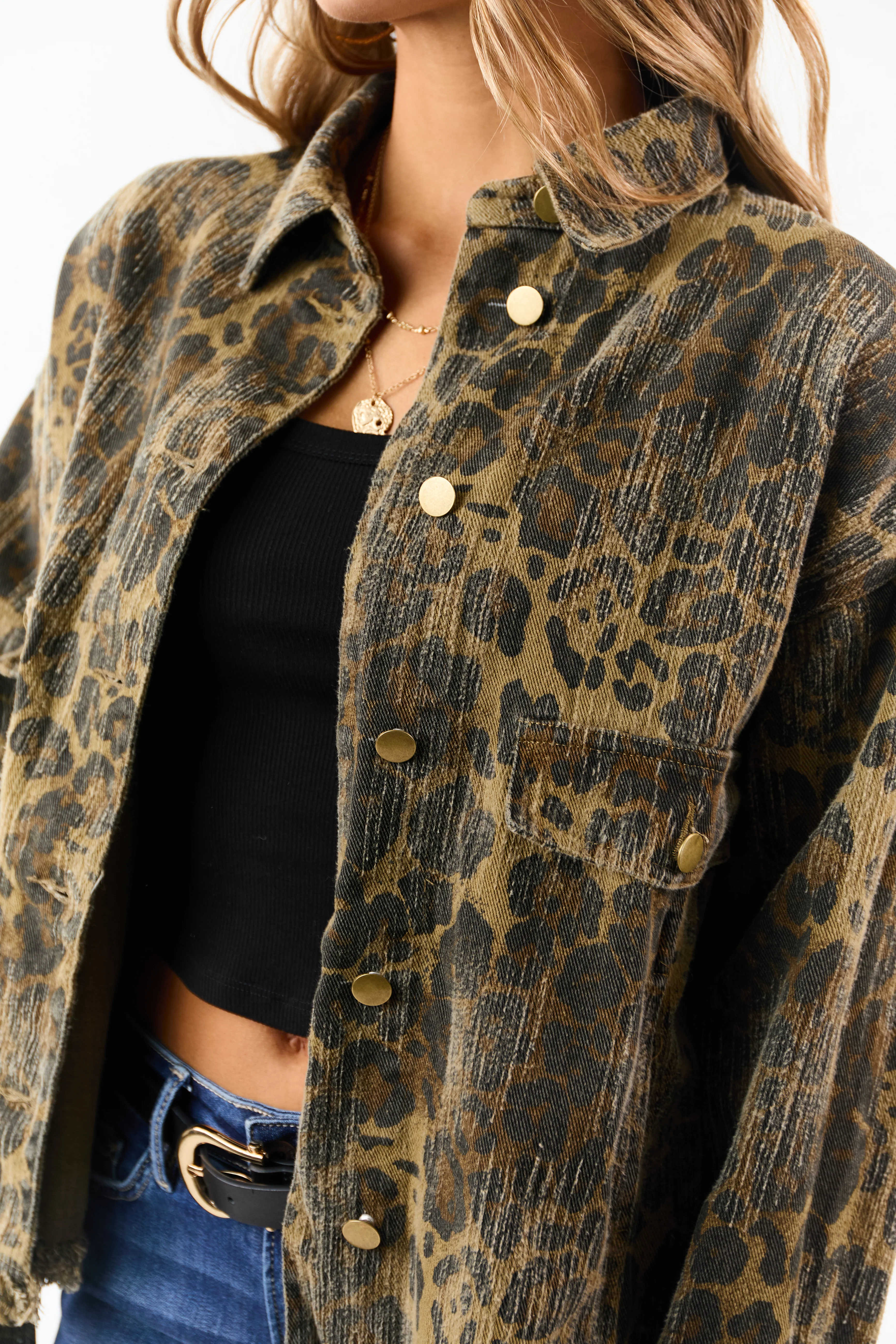 Peanut Leopard Print Fringe Hem Denim Shacket - Image 6