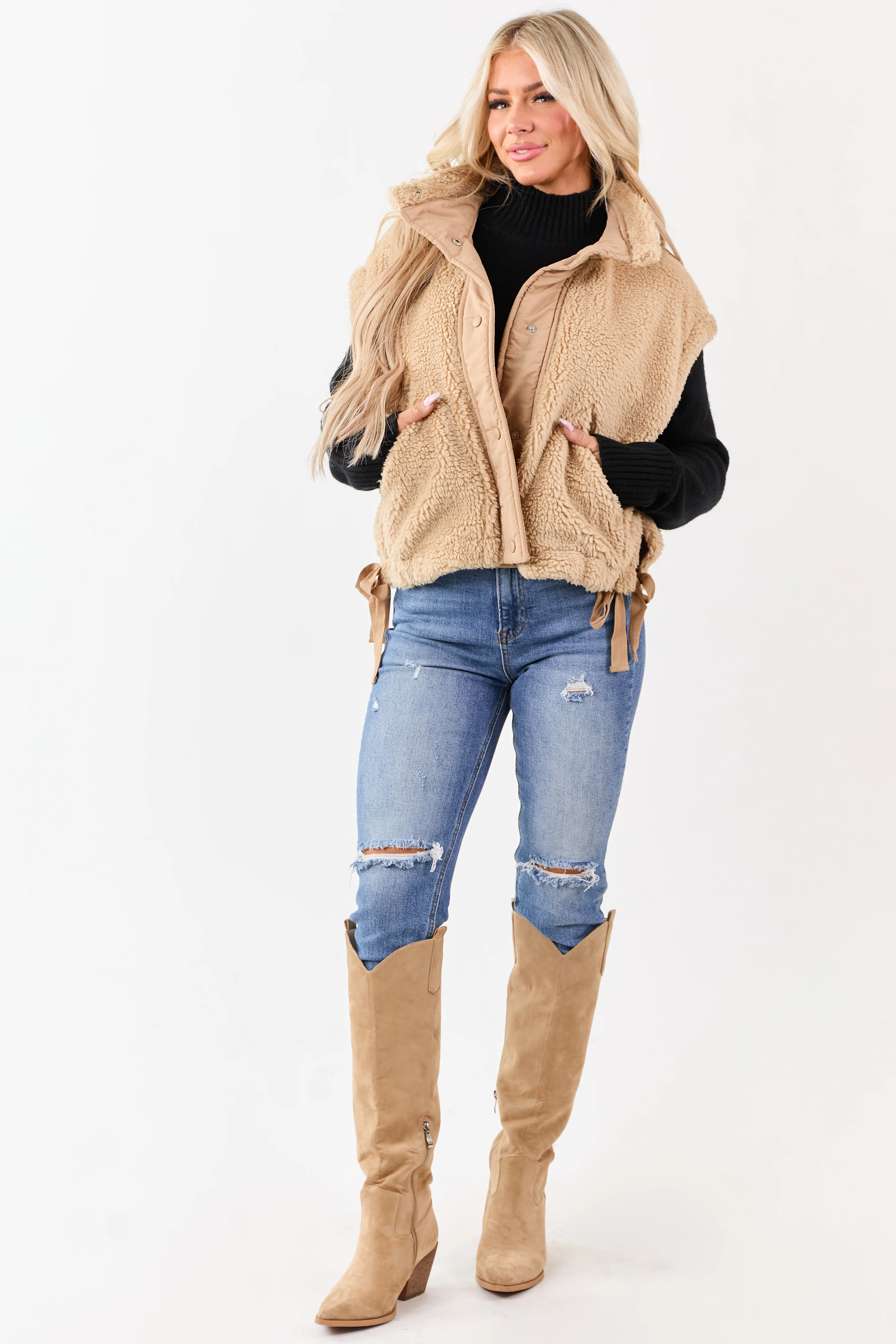 Peanut Sherpa Contrast Button Down Side Tie Vest - Image 4