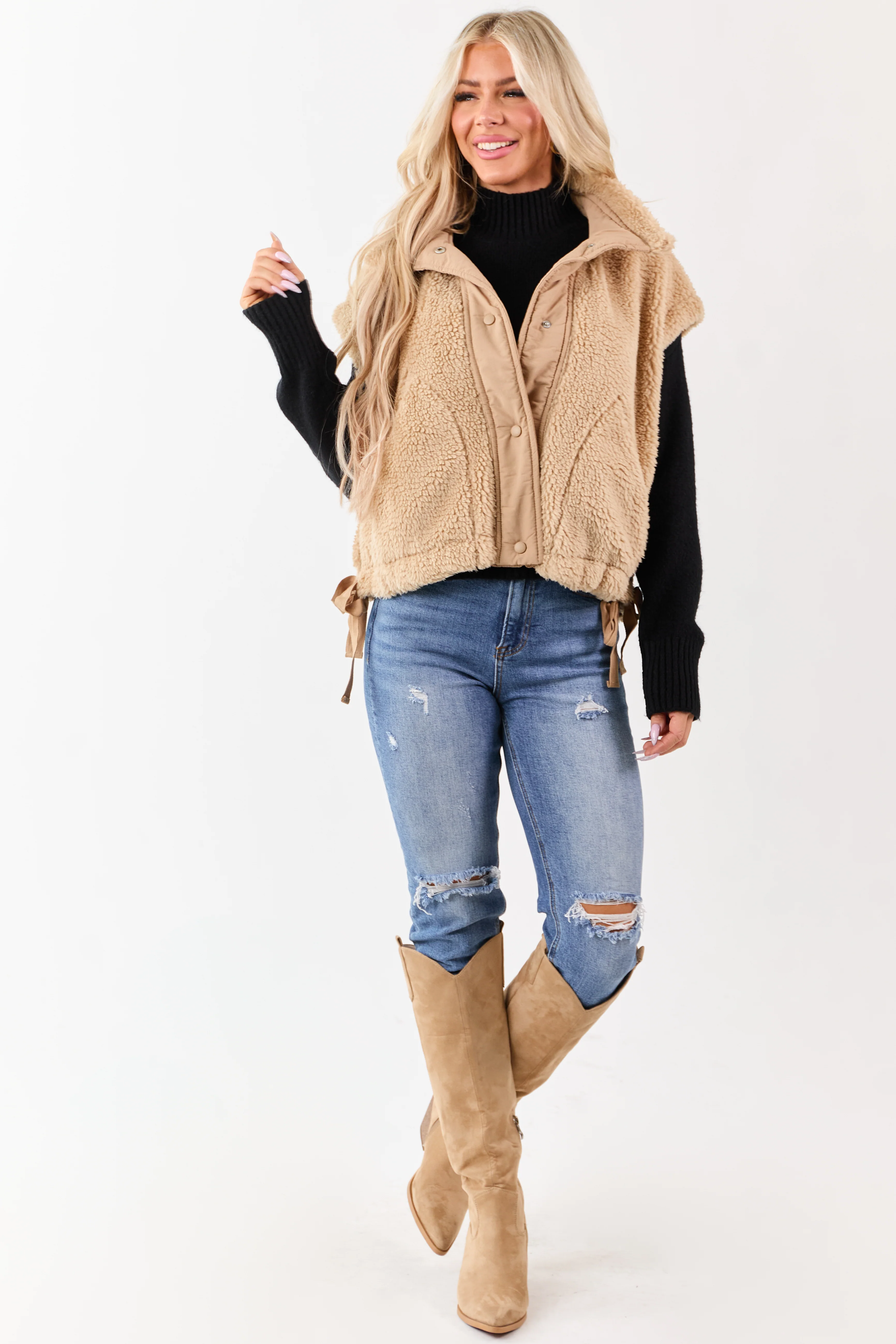 Peanut Sherpa Contrast Button Down Side Tie Vest - Image 5