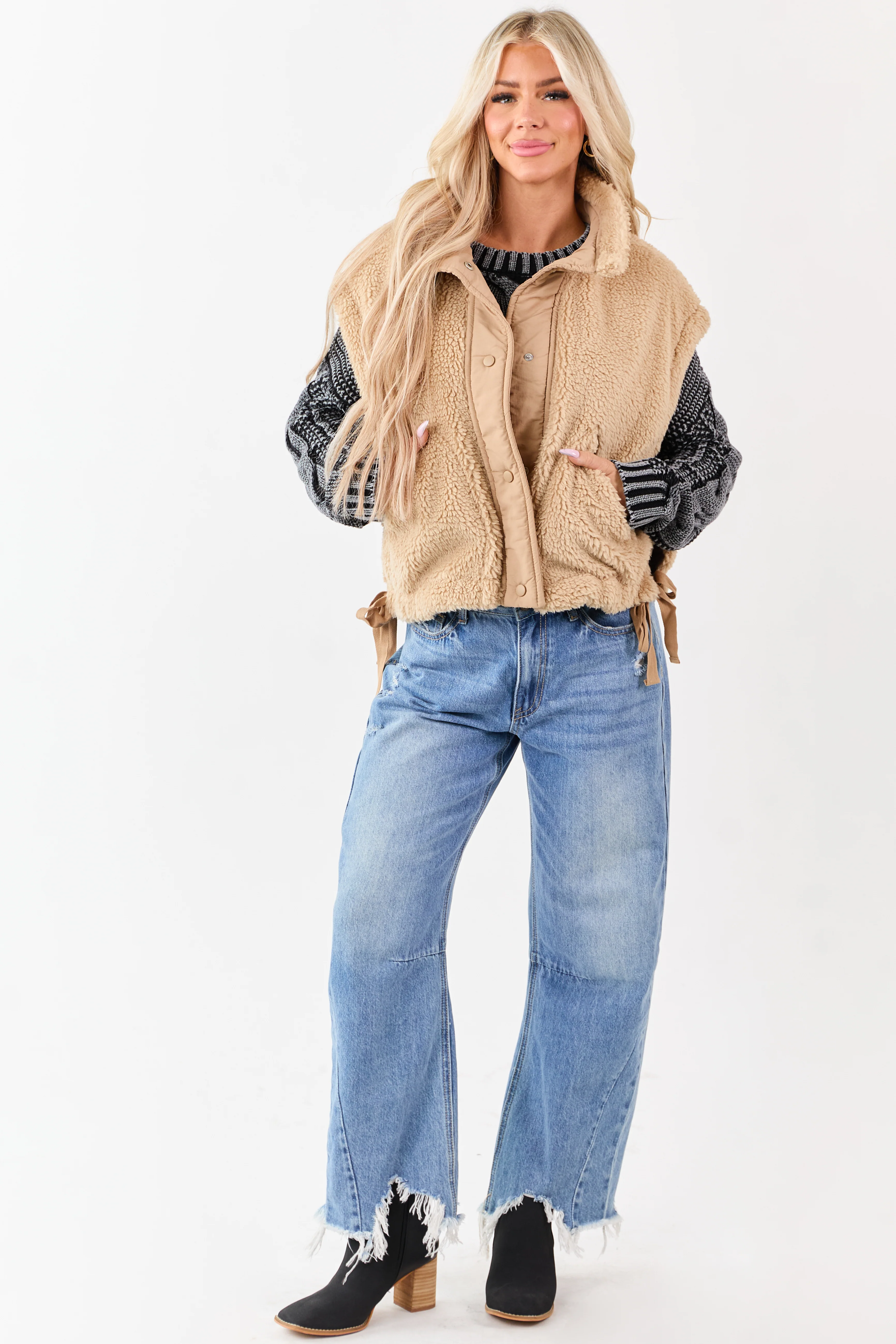 Peanut Sherpa Contrast Button Down Side Tie Vest - Image 6