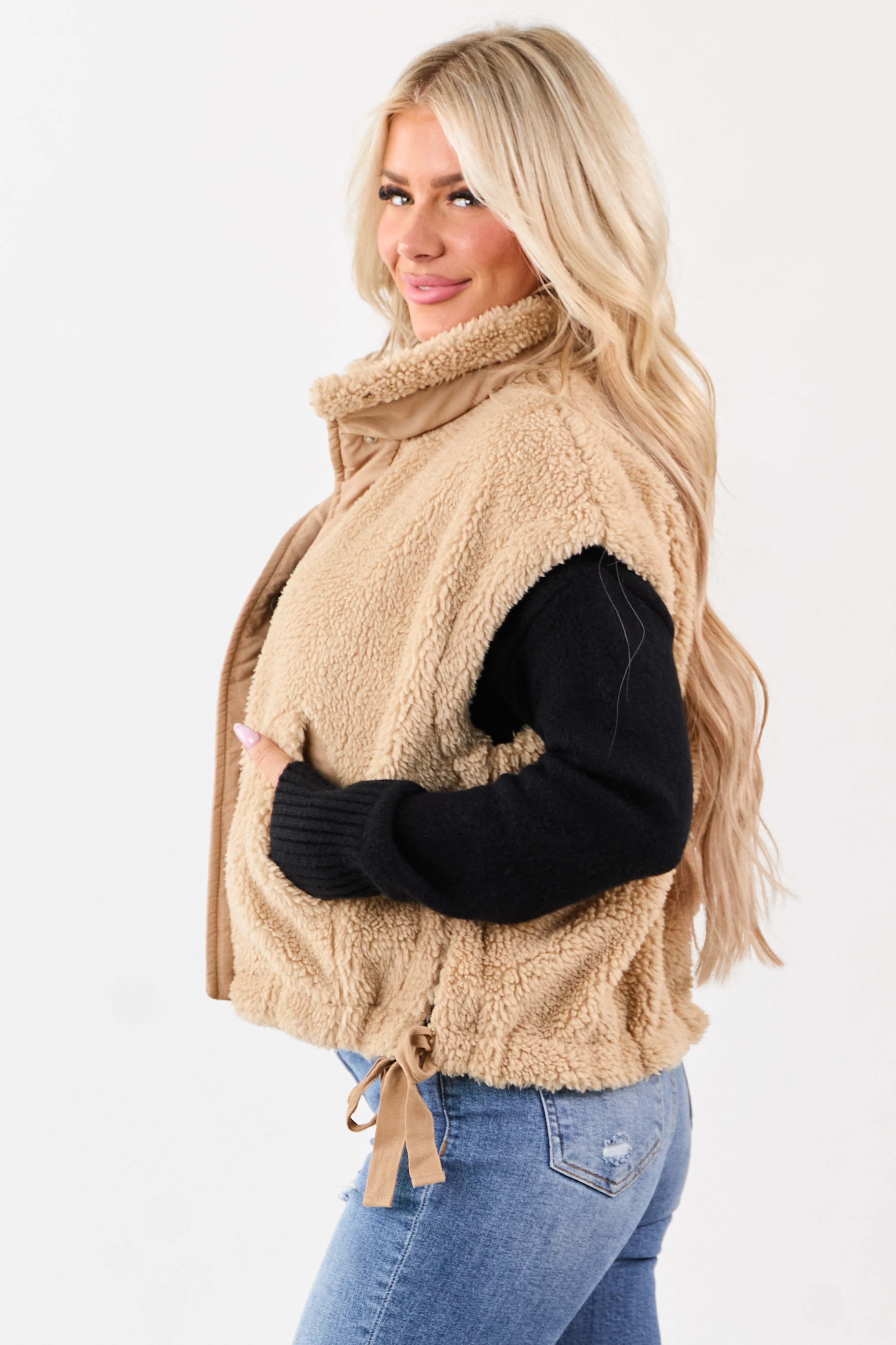Peanut Sherpa Contrast Button Down Side Tie Vest - Image 7