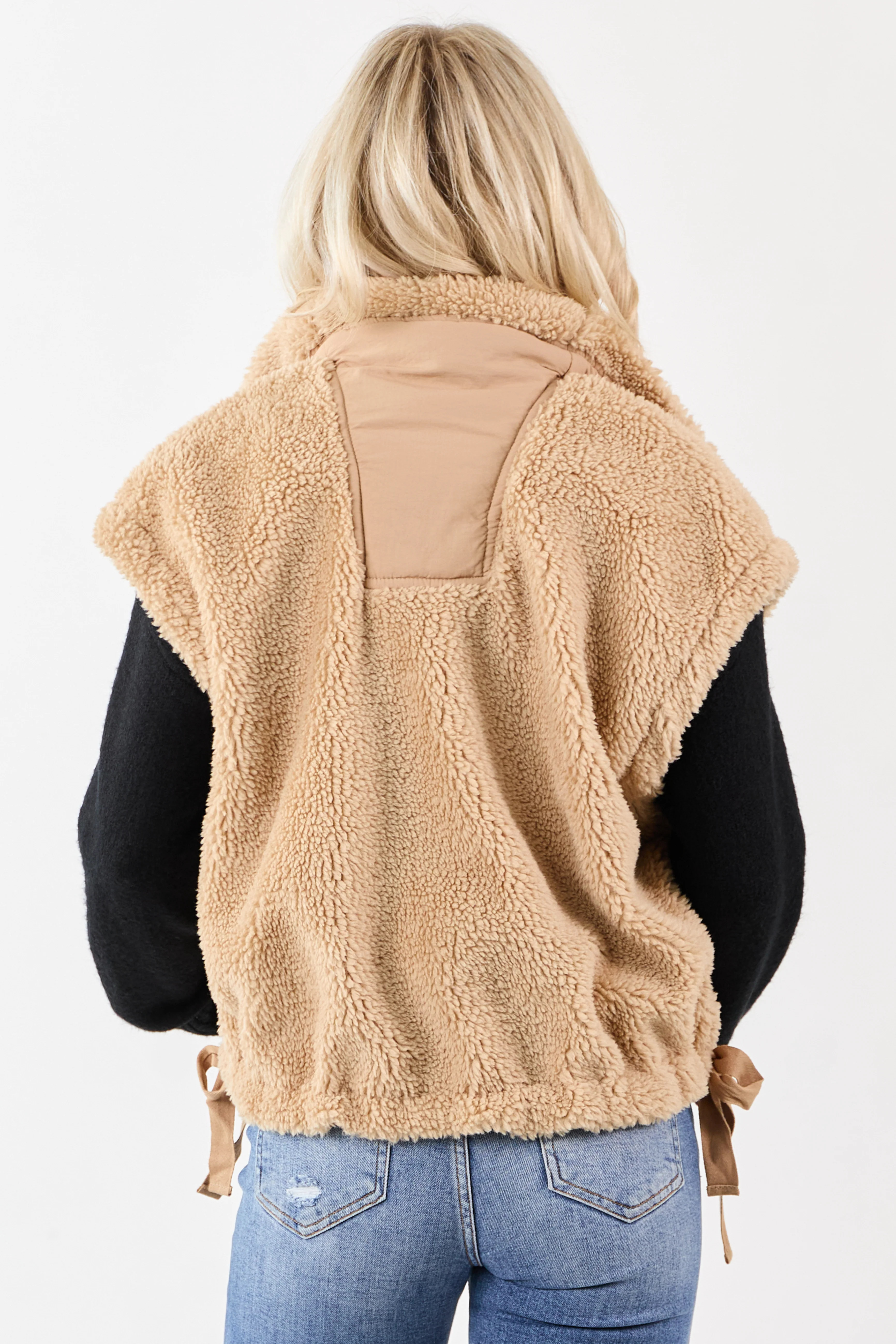 Peanut Sherpa Contrast Button Down Side Tie Vest - Image 8