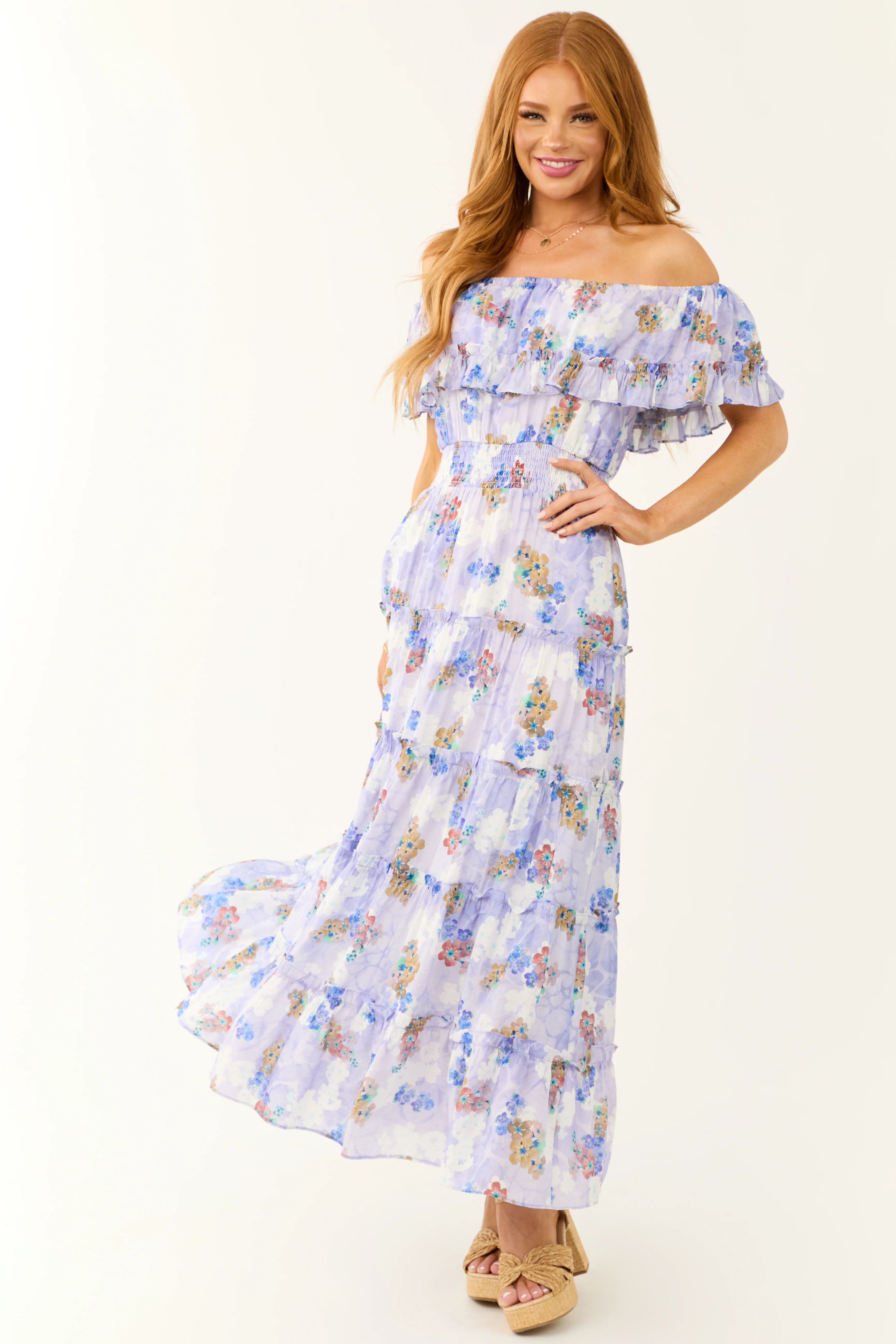Periwinkle Floral Print Off Shoulder Maxi Dress - Image 2