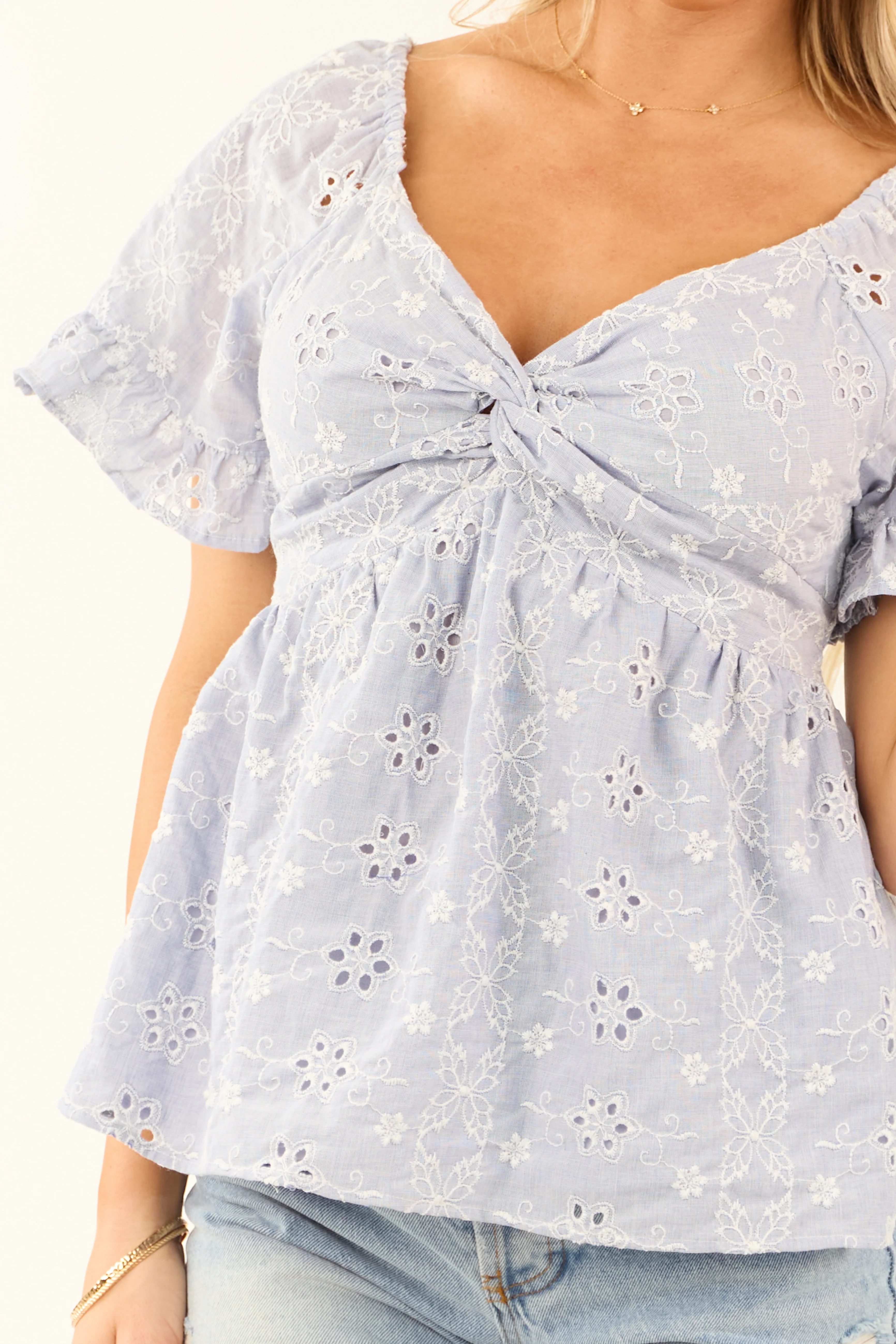 Periwinkle Flutter Sleeve Floral Stitch Lace Blouse - Image 6