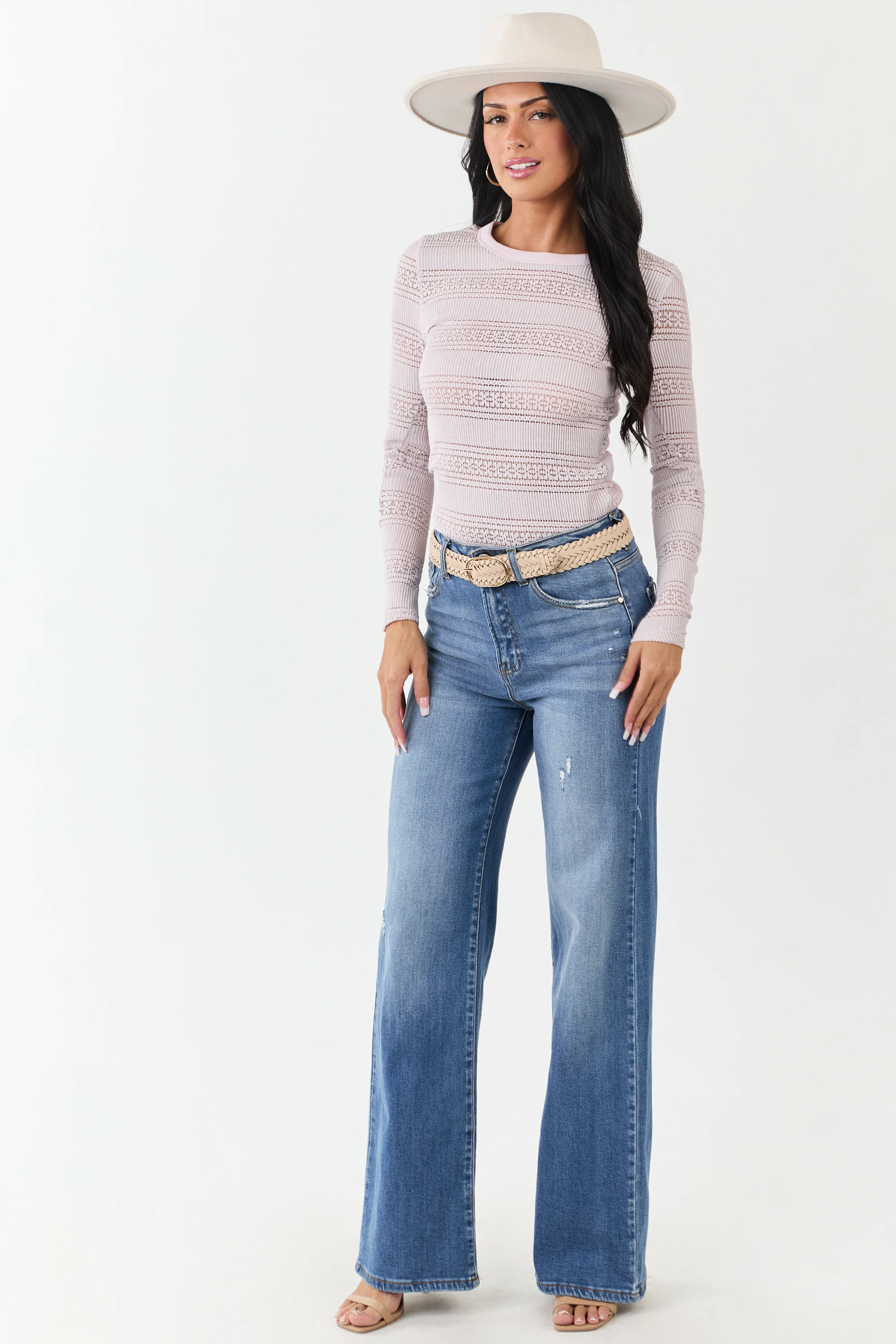 Periwinkle Ribbed Knit Floral Lace Long Sleeve Top - Image 2