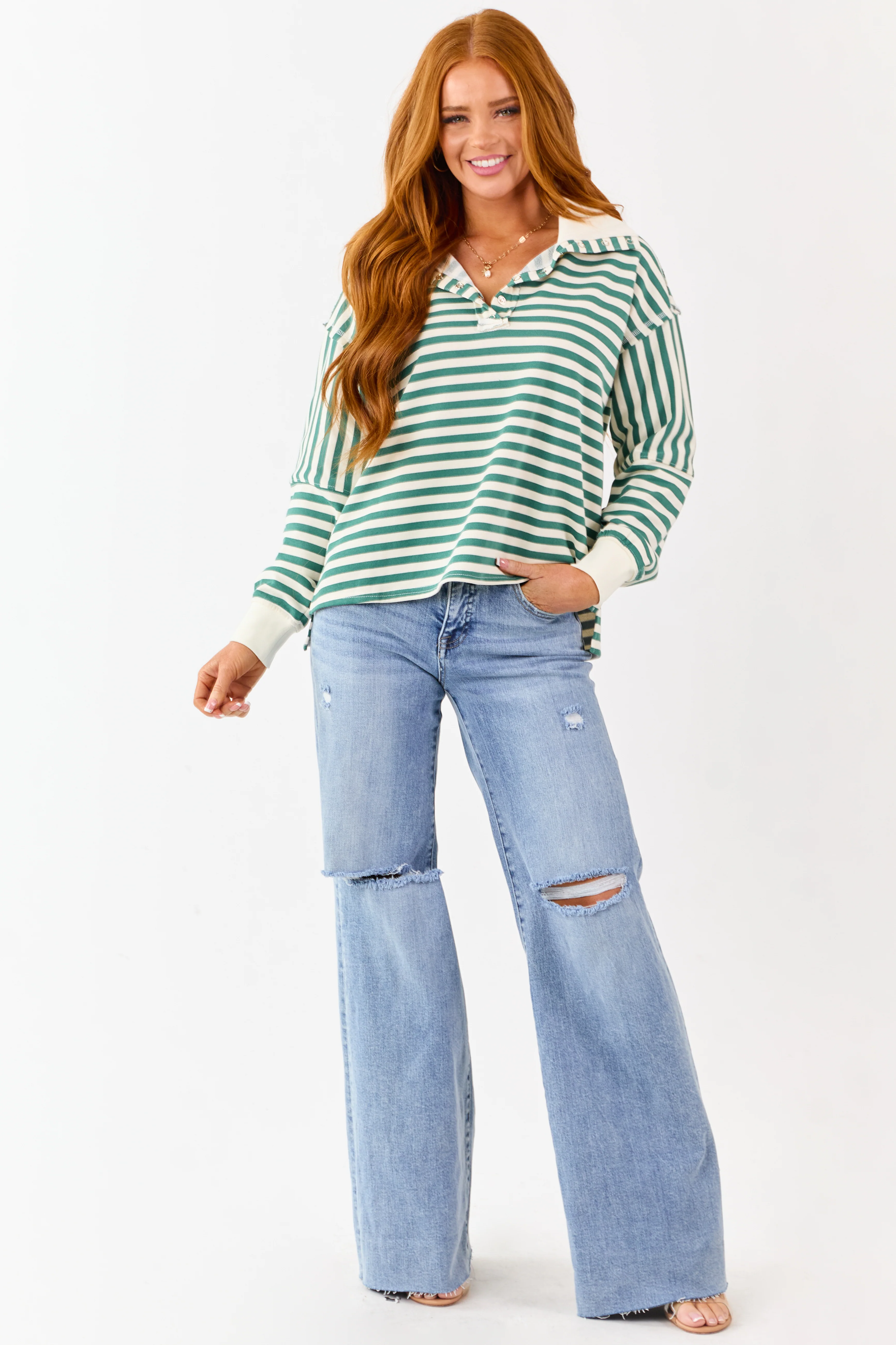 Pine and Cream Striped Henley Top - Image 2