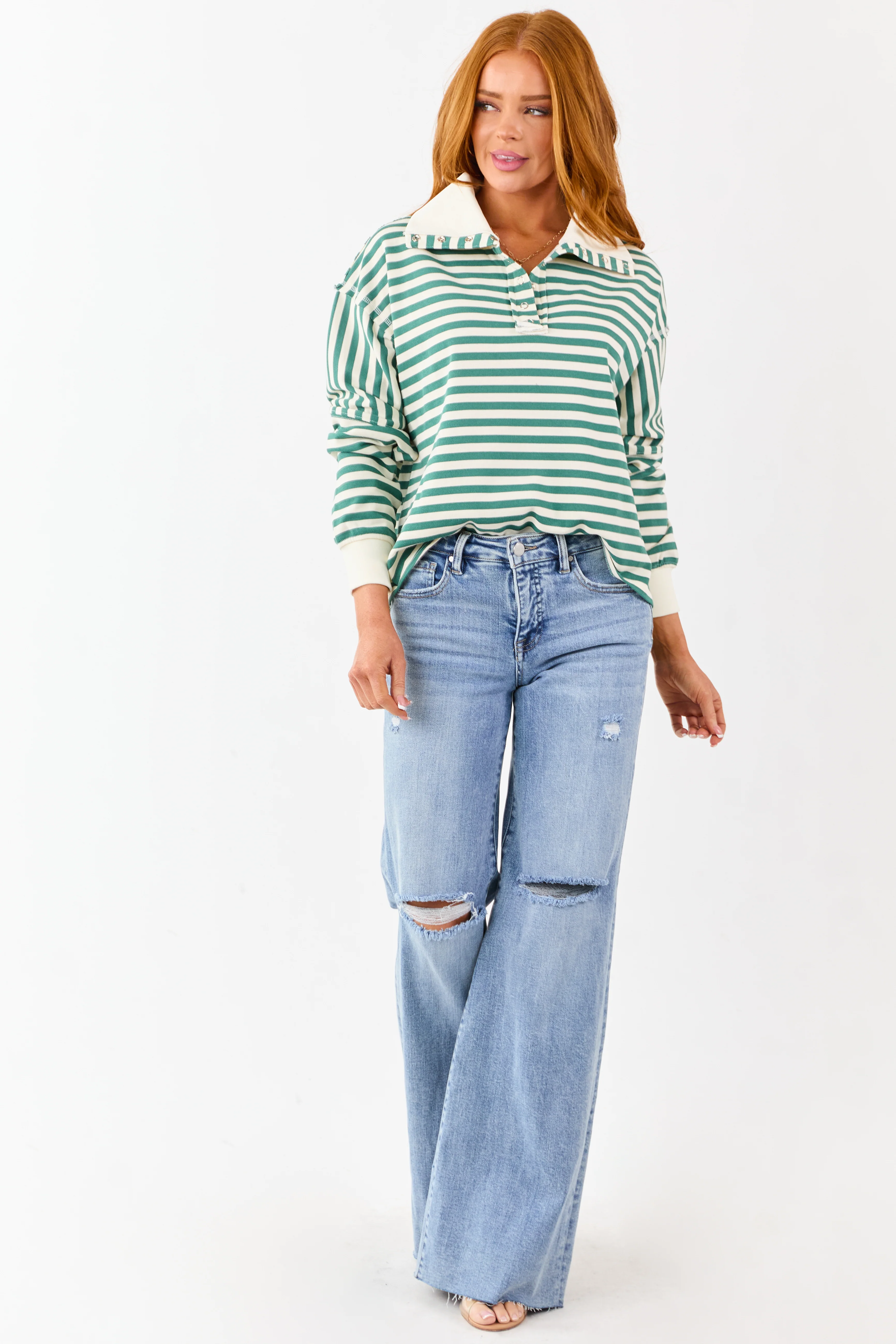 Pine and Cream Striped Henley Top - Image 3