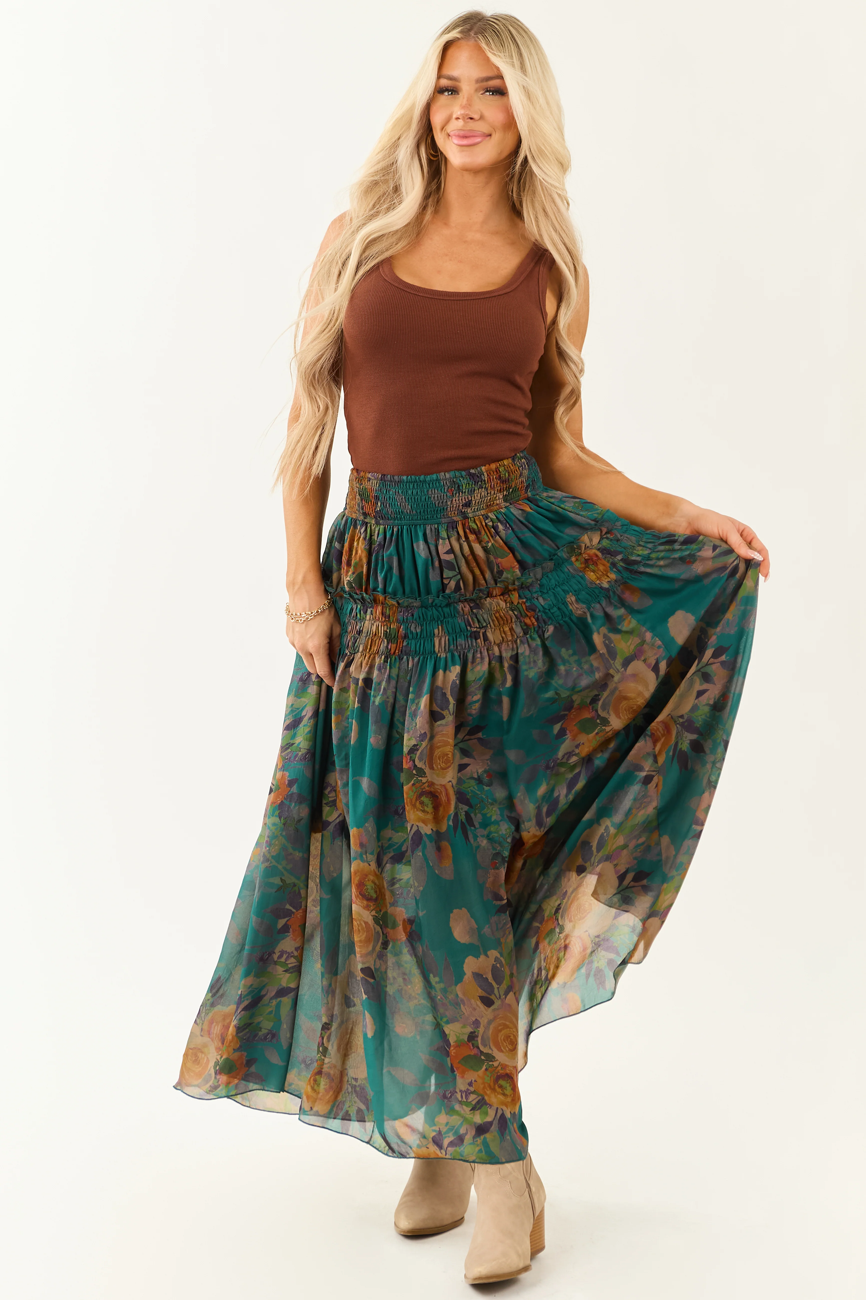 Pine Floral Print Smocked Waist Maxi Skirt