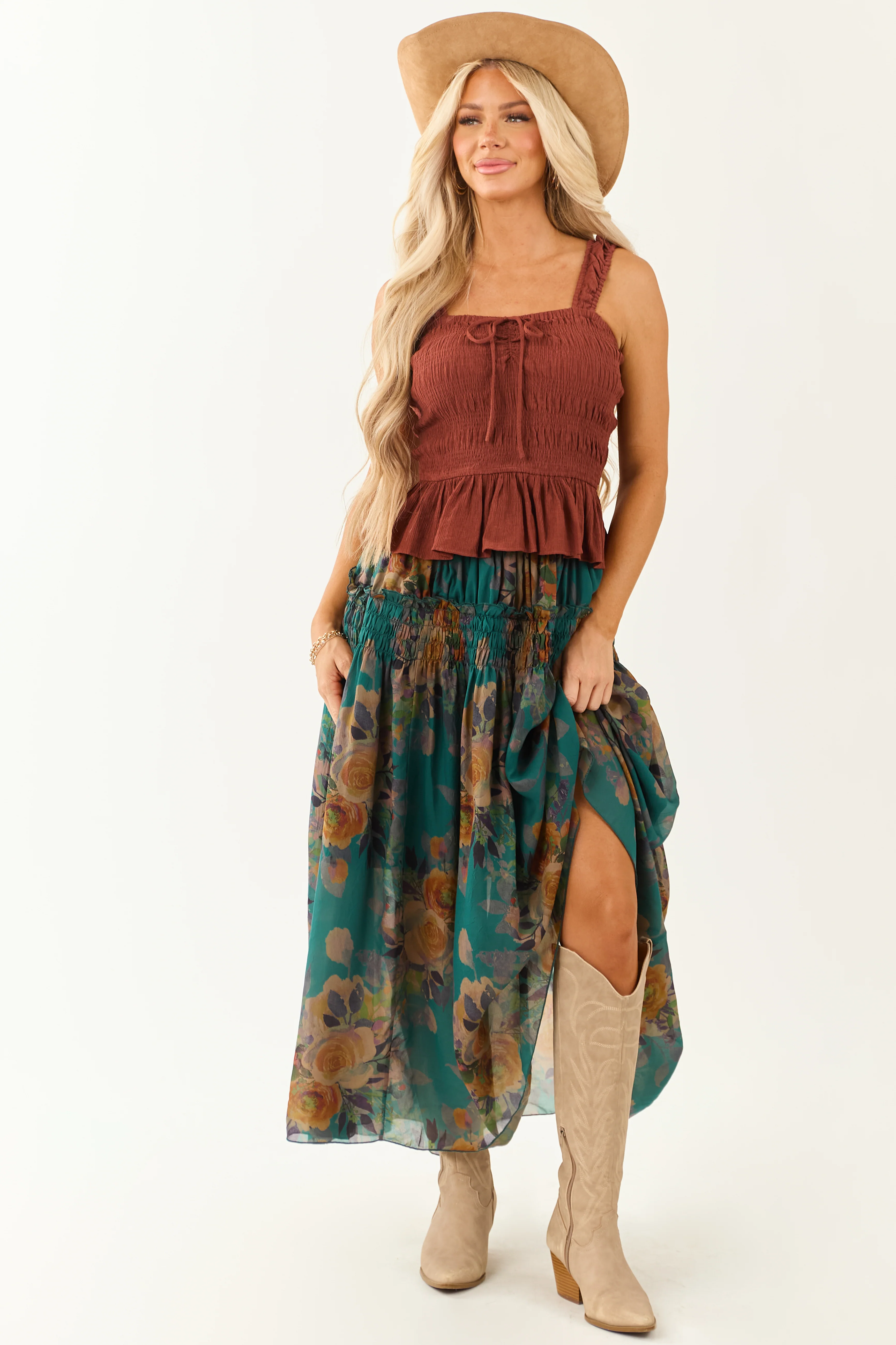 Pine Floral Print Smocked Waist Maxi Skirt - Image 2