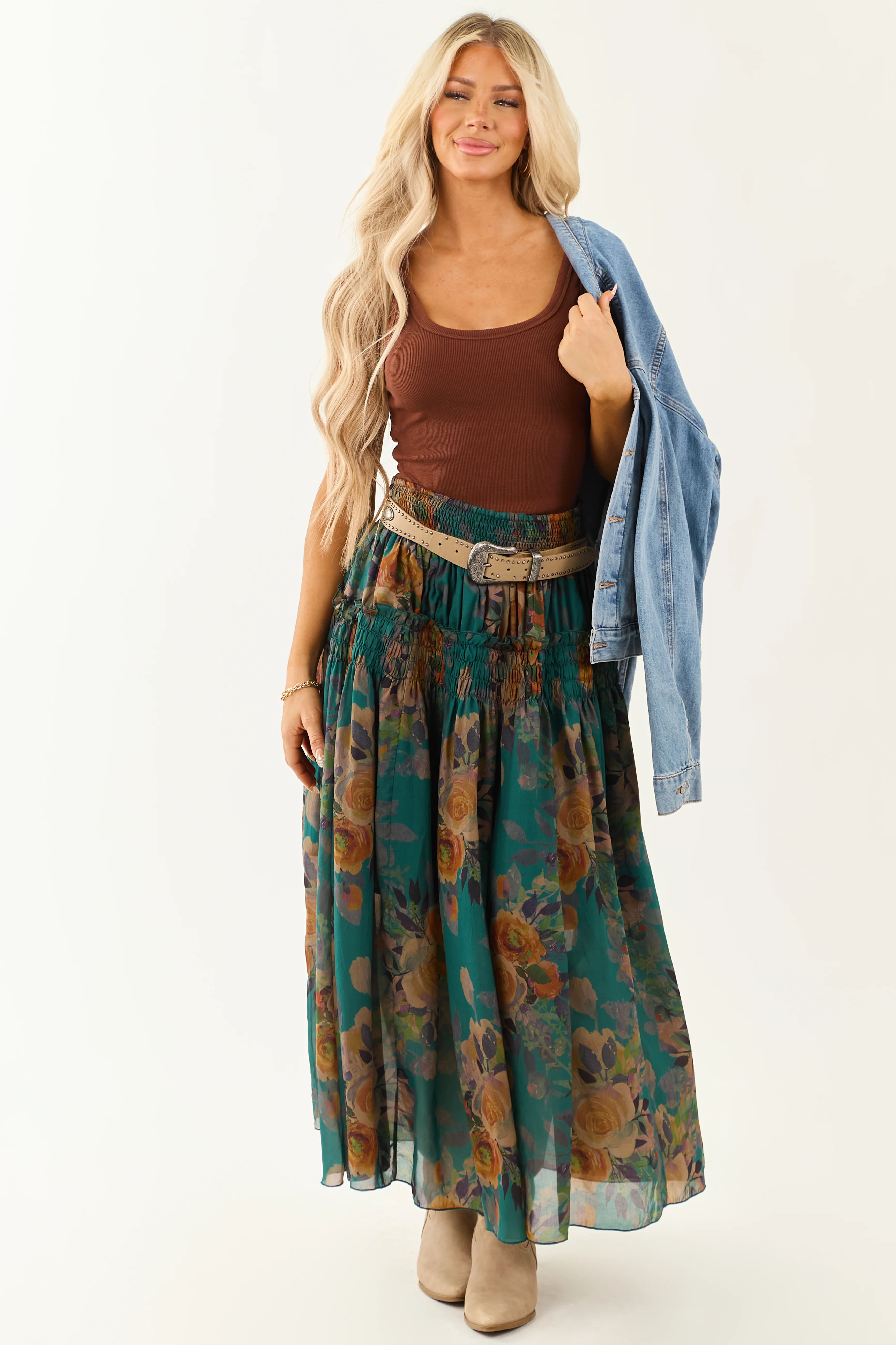Pine Floral Print Smocked Waist Maxi Skirt - Image 3