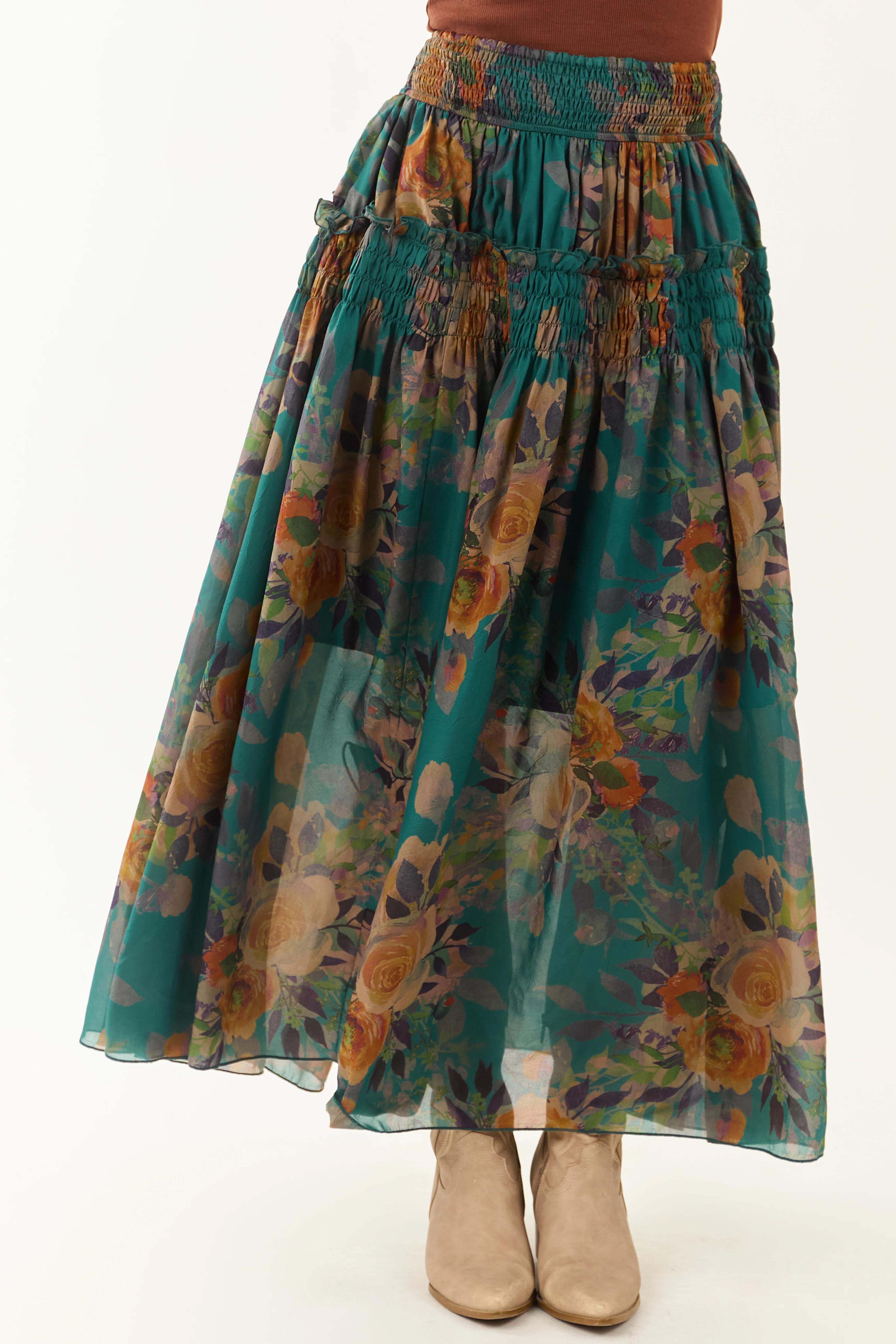 Pine Floral Print Smocked Waist Maxi Skirt - Image 4